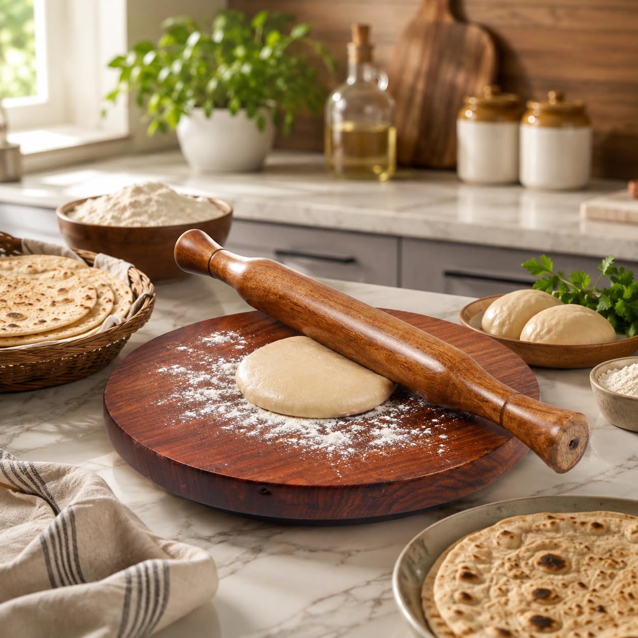 CRAFTONE Holz Chakla Belan Set 10 Zoll - Rundes Holz Nudelbrett mit Nudelholz Perfekt für die Herstellung von Chapati, Roti, Paratha, Pizzateig, Tortilla, Kuchenkruste, Gebäck, Kekse & Fladenbrot