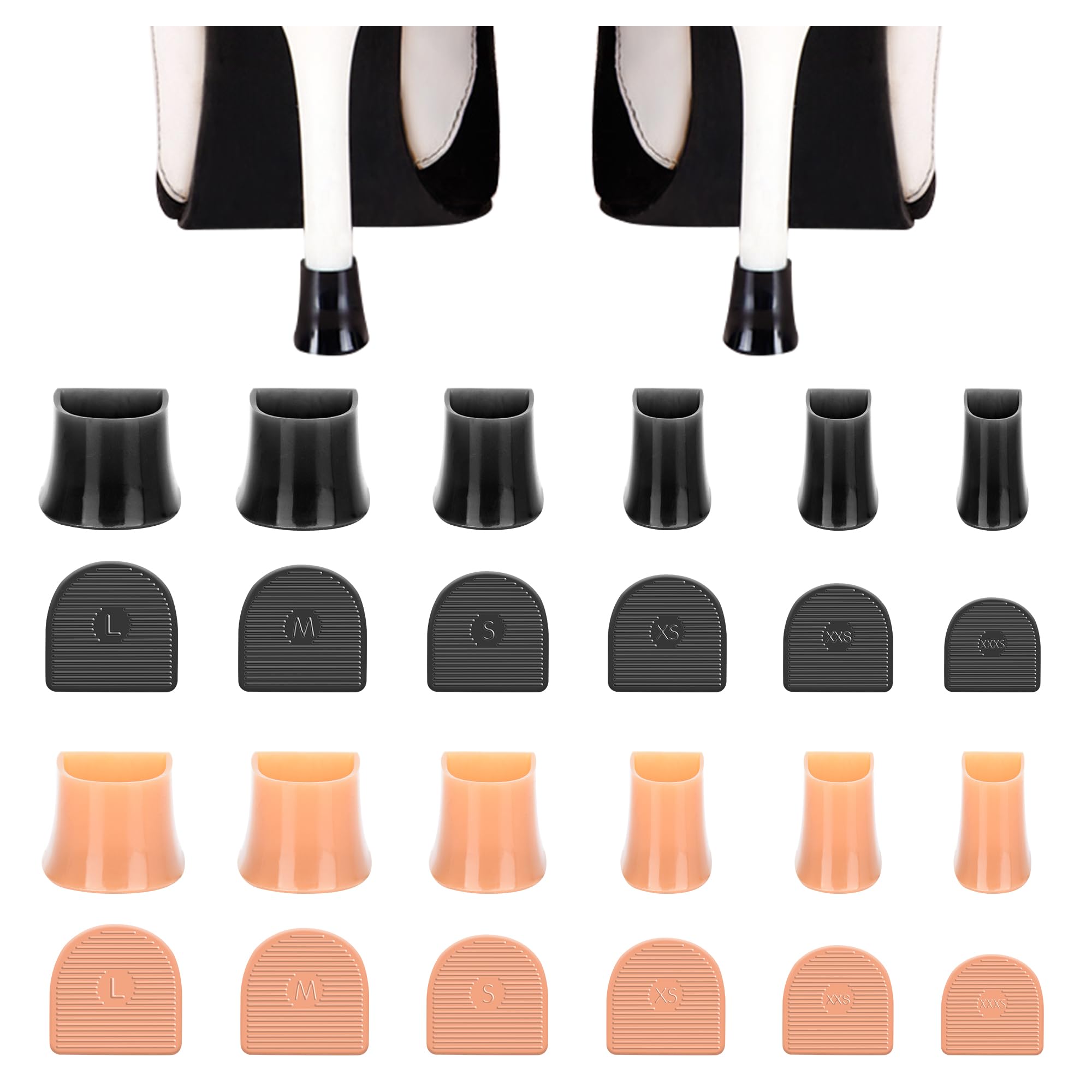 12 Pairs 6 Sizes Heel Protective Heel Caps,High Heel Protectors Tip Covers, Noise Reducing Non-Slip Heel Caps for High Heels,Perfect for Weddings, Races (6 Pairs Apricot/ 6 Pairs Black)
