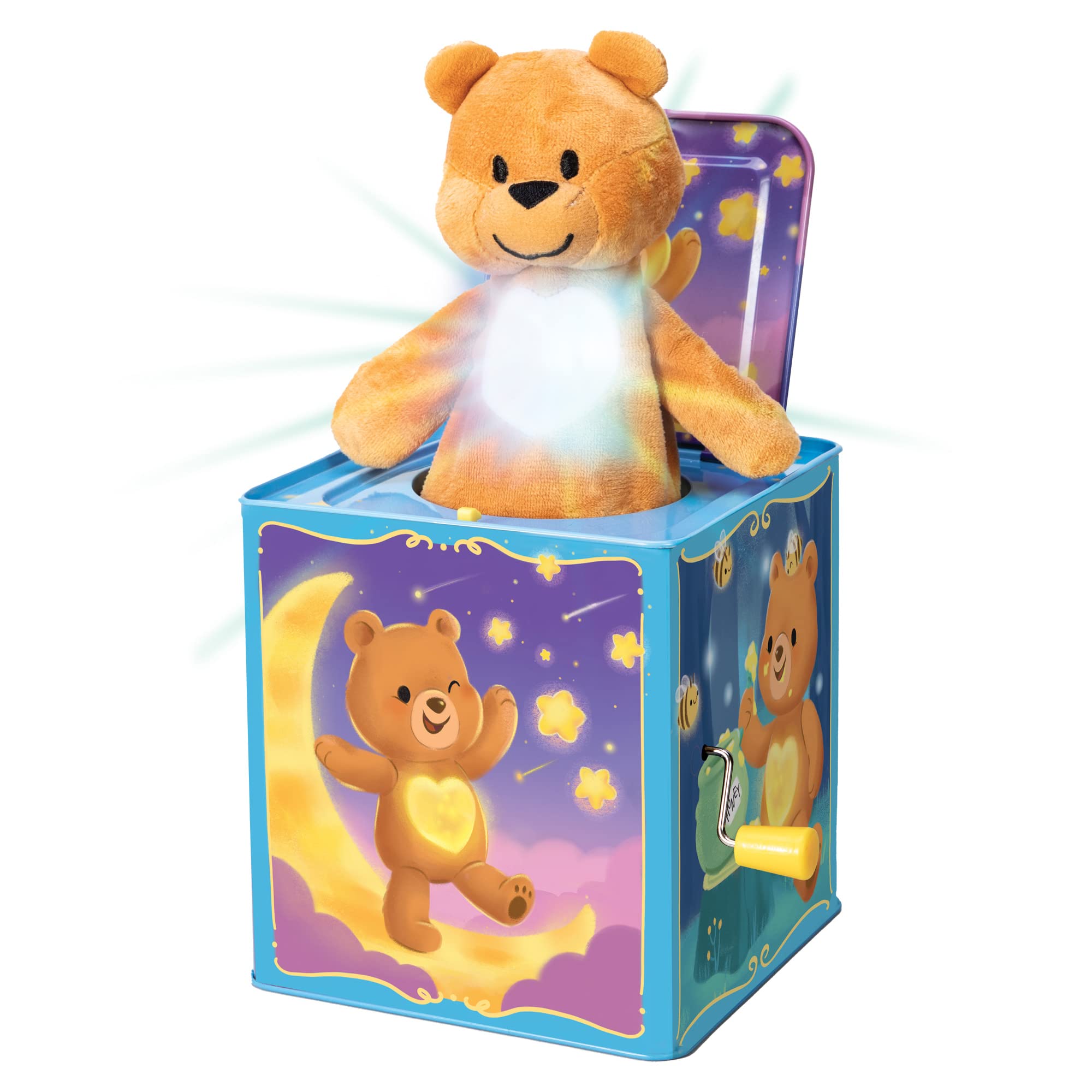 Schylling - Teddybär Pop N Glow Jack in The Box, Größe S, 18+mo, TPGJB, mit Blechdose, 15,2 x 15,2 x 16,5 cm, für Kinder ab 18 Monaten