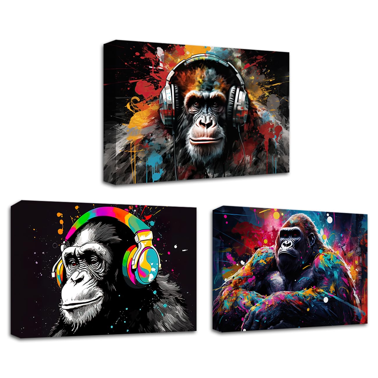 CXHOSTENT Cool Monkey Wall Art 3 Piece Graffiti Chimp Gorilla Canvas Prints Monkey With Headphones Wall Decor Abstract Animal Picture Boys Room Decor (Animal-4, 28.00 x 35.00 cms x 3PCS)