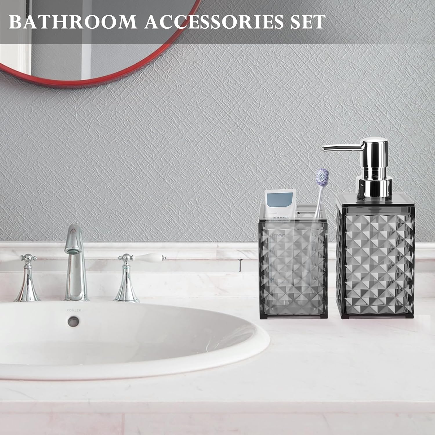 Bathroom Accessories Set 2 PCS, Grey Bathroom Accessories Include Soap Dispenser and Toothbrush Holder, Diamond Pattern Bathroom Set for Boho Bathroom Decor - Image 5