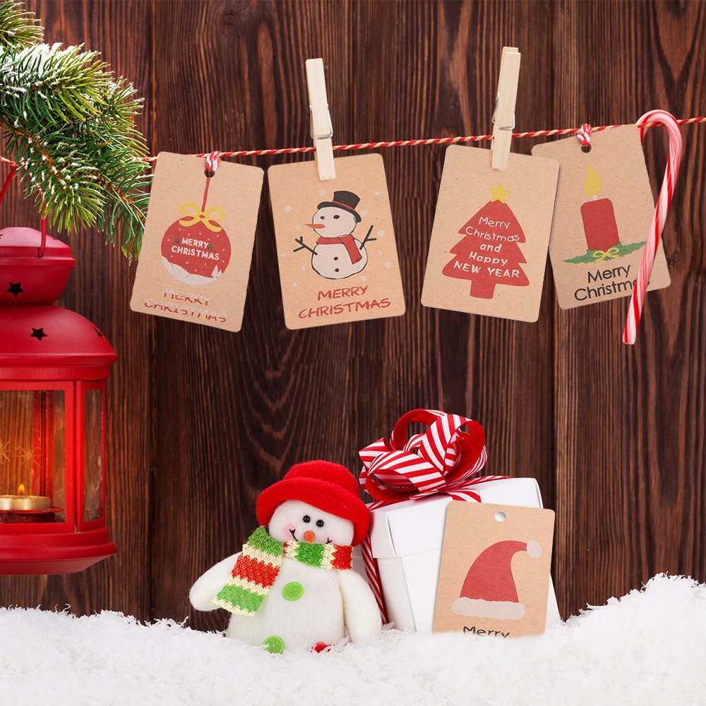 Xanthelle Geschenkanhänger Kerstmis, 48 stuks Kerstlabels voor Cadeaus, Papieren Labels met Touw, Vrolijk Kerstmis Labels, Cadeaulabels