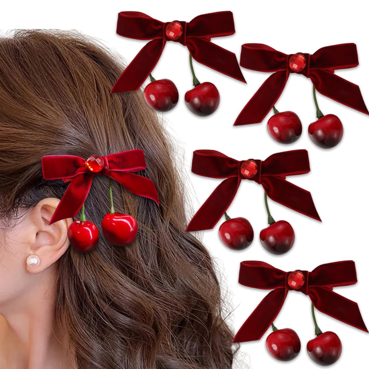 4 Pcs Cherry Bow Hair Clip Red Hair Accessories for Women,Velvet Alligator Cherry Hairpins Ponytail Hair Barrettes for Winter Daily Christmas Hair