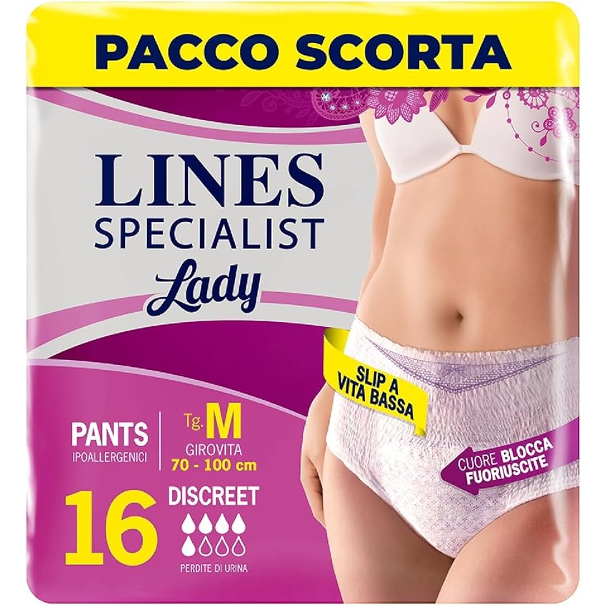 Immagine del prodotto Lines Specialist Pants Lady Discreet, Mutande Assorbenti per Incontinenza Donna, Vita Bassa, Femminili e Discreti, Zero Odore e Barriere Laterali Protettive, Taglia M, 2 Confezioni da 8 Unità