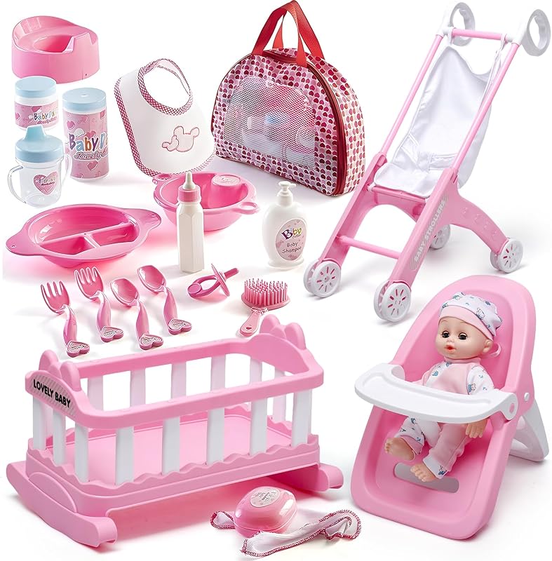 Prextex 23-Piece Baby Doll Accessories Set for Girls – Pretend Play Nursery Toy with Doll Stroller, Mini Crib, High Chair, Baby Doll, Feeding & Care Accessories, Pink Gift Set for Toddlers, Kids,