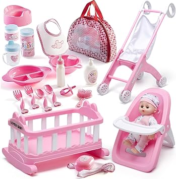 Prextex 23-Piece Baby Doll Accessories Set for Girls Pretend Play Nursery Toy with Doll Stroller, Mini Crib, High Chair, Baby Doll, Feeding & Care Accessories, Pink Gift Set for Toddlers, Kids,