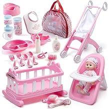 Prextex 23-Piece Baby Doll Accessories Set for Girls Pretend Play Nursery Toy with Doll Stroller, Mini Crib, High Chair, Baby Doll, Feeding & Care Accessories, Pink Gift Set for Toddlers, Kids,
