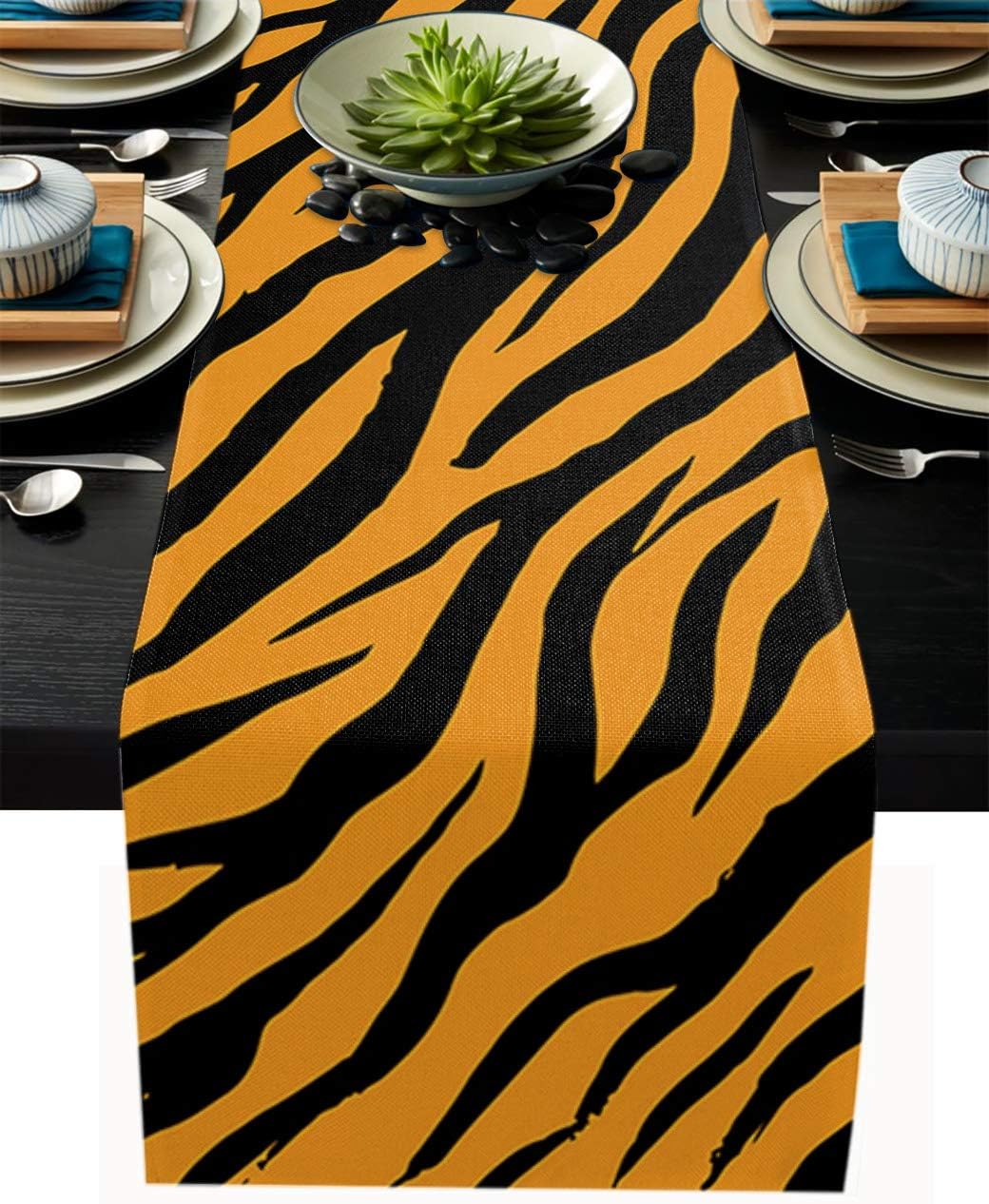 Table Runner Black Orange Tiger Wildlife Fur Cotton Linen
