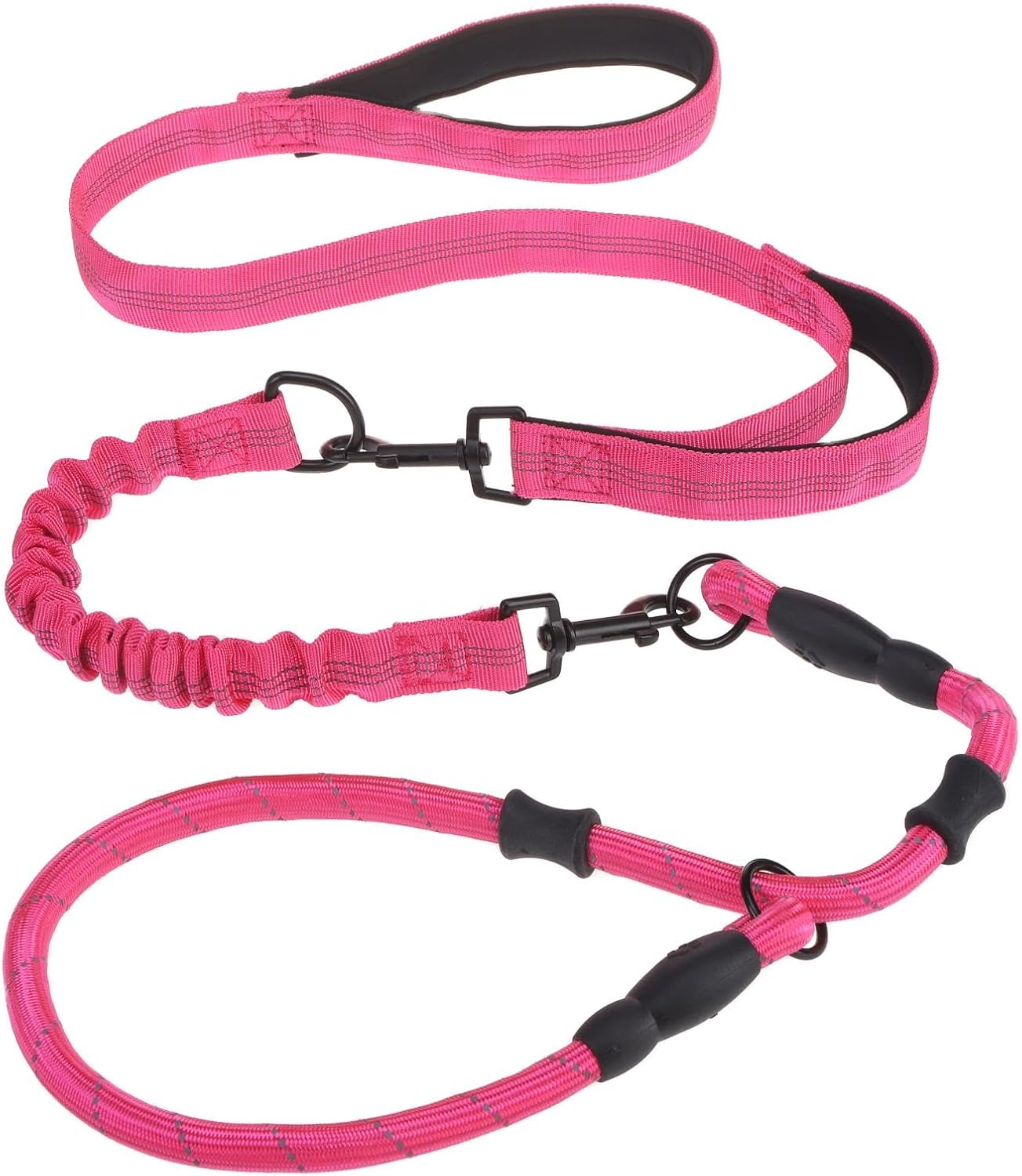 KOOLTAIL Slip Lead Dog Leash With Padded Double Handles, 6FT Heavy Duty No Pull Training, Reflective Removable Multiple Use Pet Bungee&Rope and Collar for Medium Large Dogs, Pink