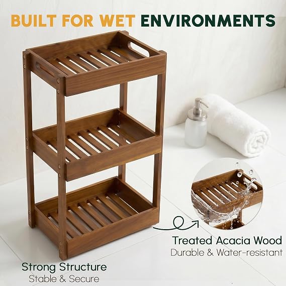 BEEFURNI 3-Tier Corner Standing Acacia Wood Shower Caddy Organizer
