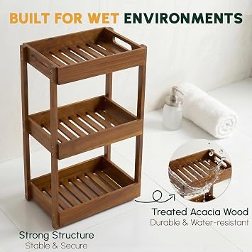 BEEFURNI 3-Tier Corner Standing Acacia Wood Shower Caddy Organizer