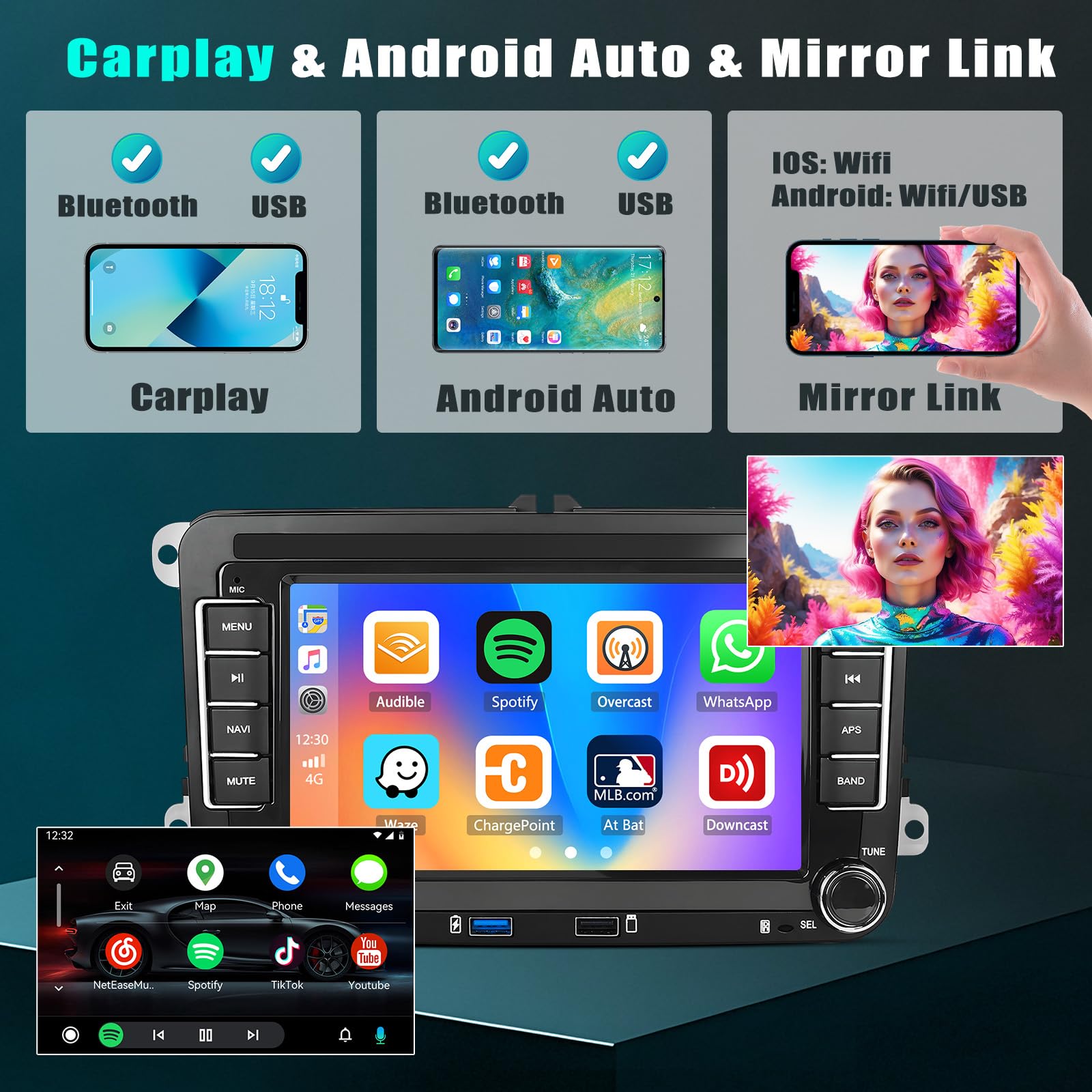 2+64G 7" Autoradio pour VW T5 Golf 5 6 Polo Sharan Seat Passat Tiguän | IPS Écran Tactile Wireless Carplay Autoradio 2 DIN GPS Navi Bluetooth WiFi FM/RDS Caméra de Recul DSP 2+64G