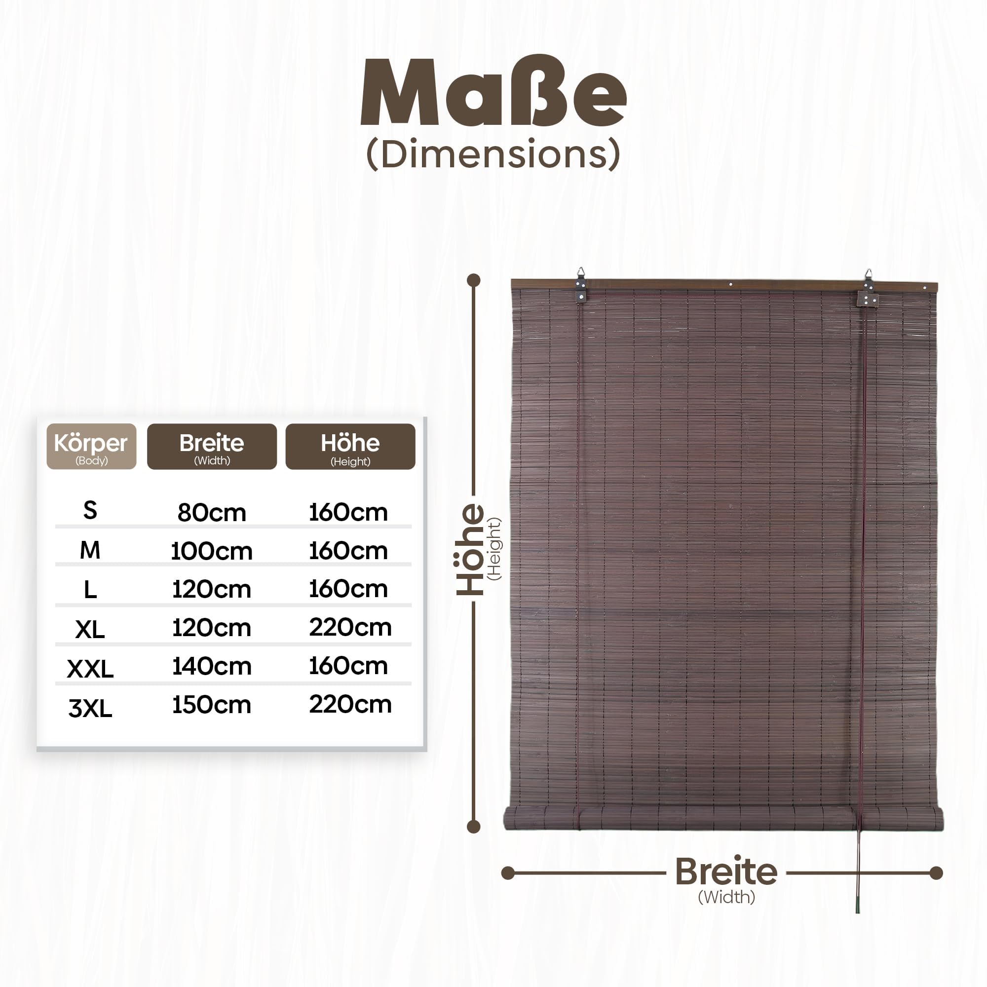 DEFACTO Bambusrollo Sonnenschutz Sichtschutz Seitenzugrollo Lichtfilter Bambus Jalousie Lüftung Rollo für Fenster Tür Terrasse Balkon Garten (150 x 220 cm, Dunkelbraun)