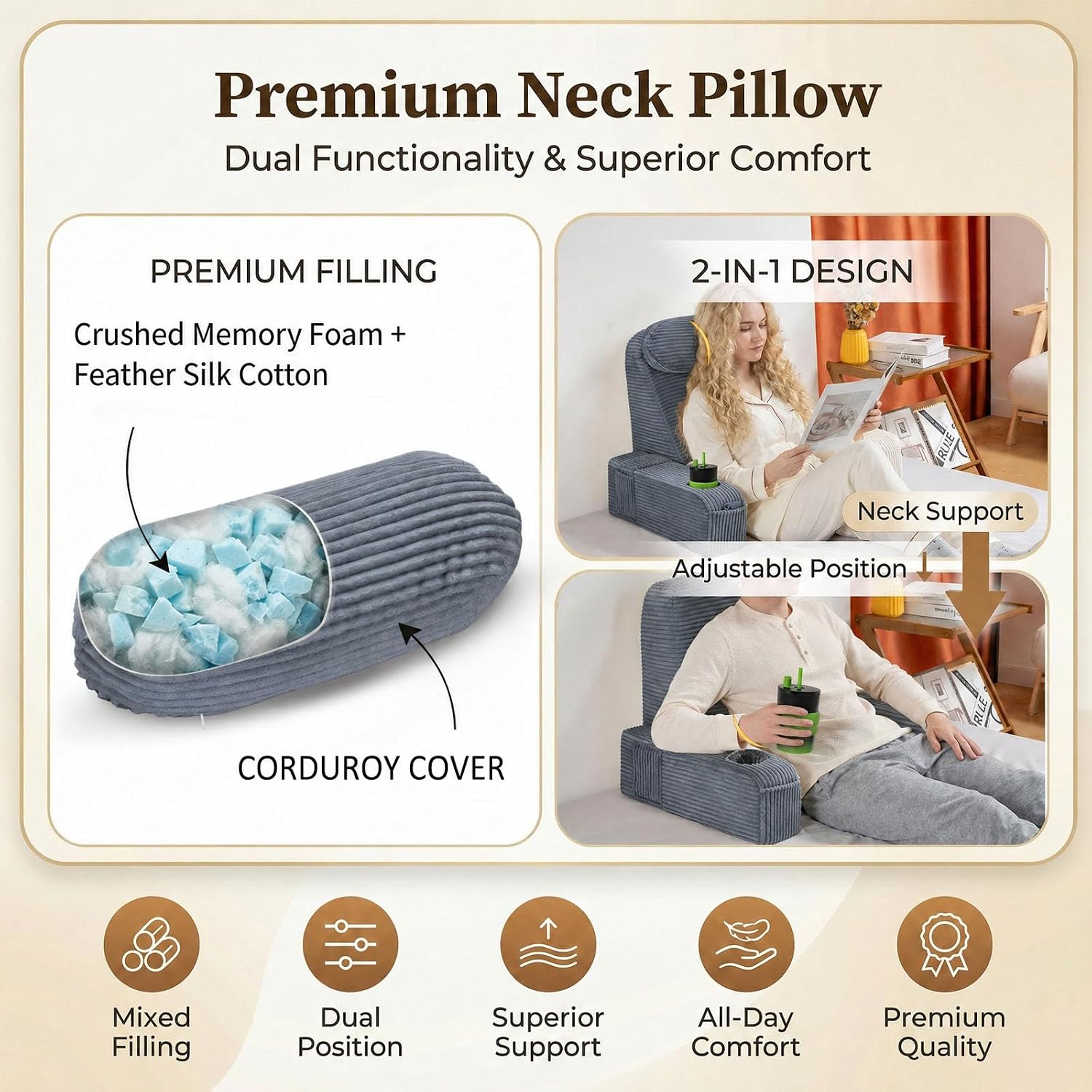 Condition photo showing New/Like New for reading pillow for adults, back pillow for bed sitting up, backrest pillow for sitting in bed, detachable arms with built-in cup & phone caddy (dark gray-corduroy, 19 inch) dark gray-corduroy 19 inch