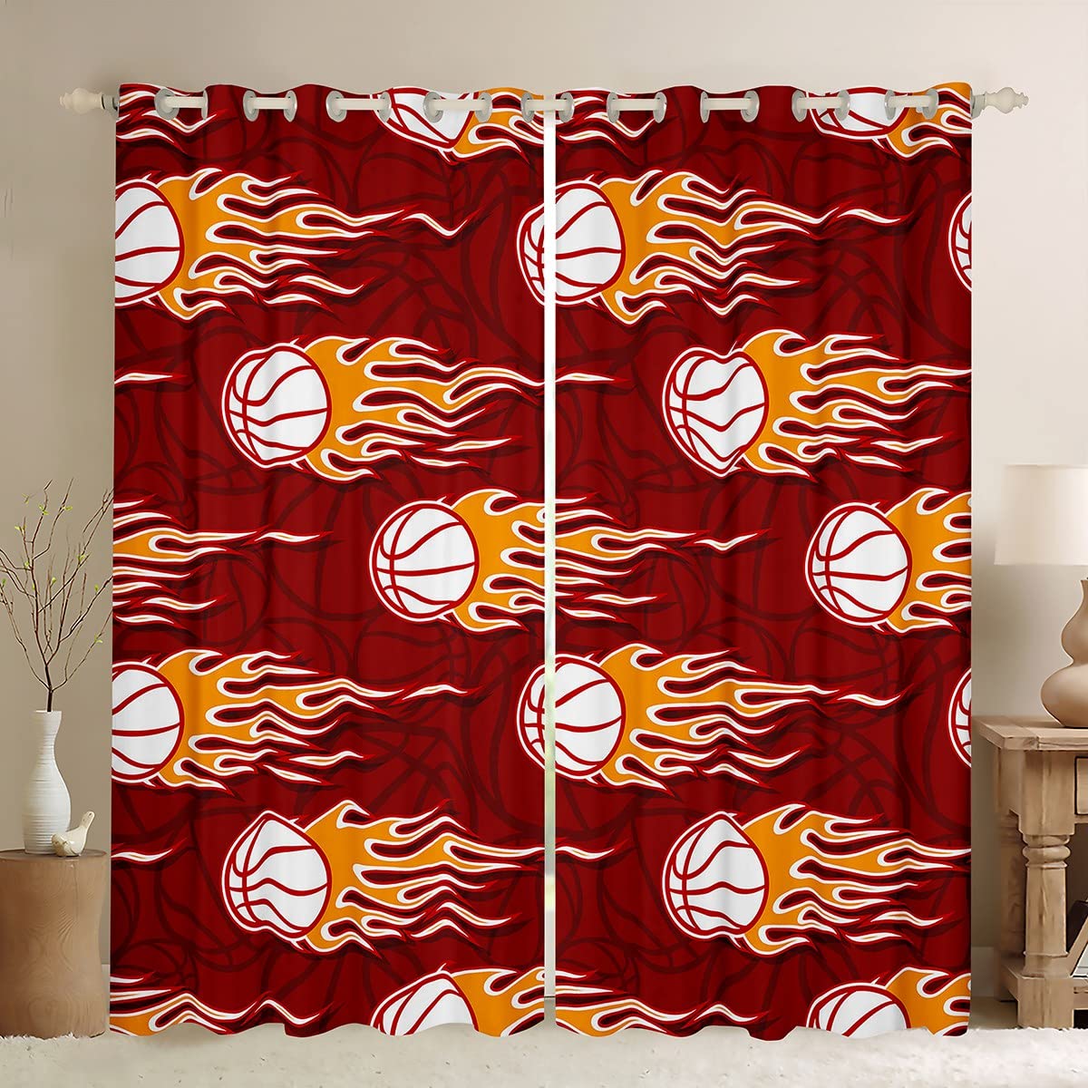 Loussiesd Basketball Blackout CurtainsSports Curtain 3D Ball Games Red Orange Window Dreapes for Bedroom Children Basketball Player Window Treatments W52*L90