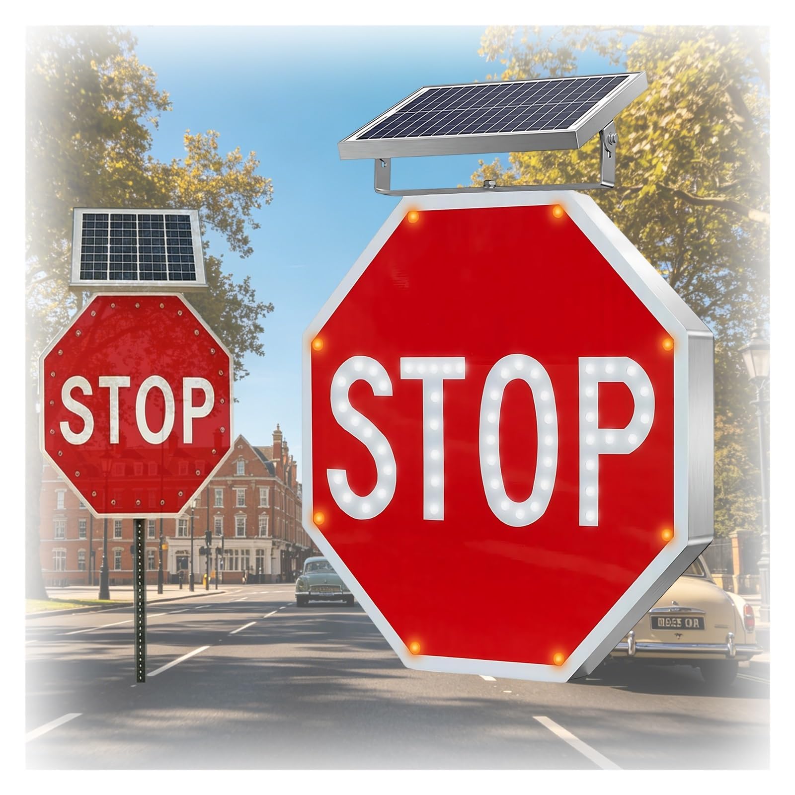 Señal de Tráfico LED Solar de Exterior, Cartel Stop Octogonal Impermeable, IP65 Impermeable, Marco en Aluminio, para Cruces Urbanos, Zonas Barrios Residenciales(24")