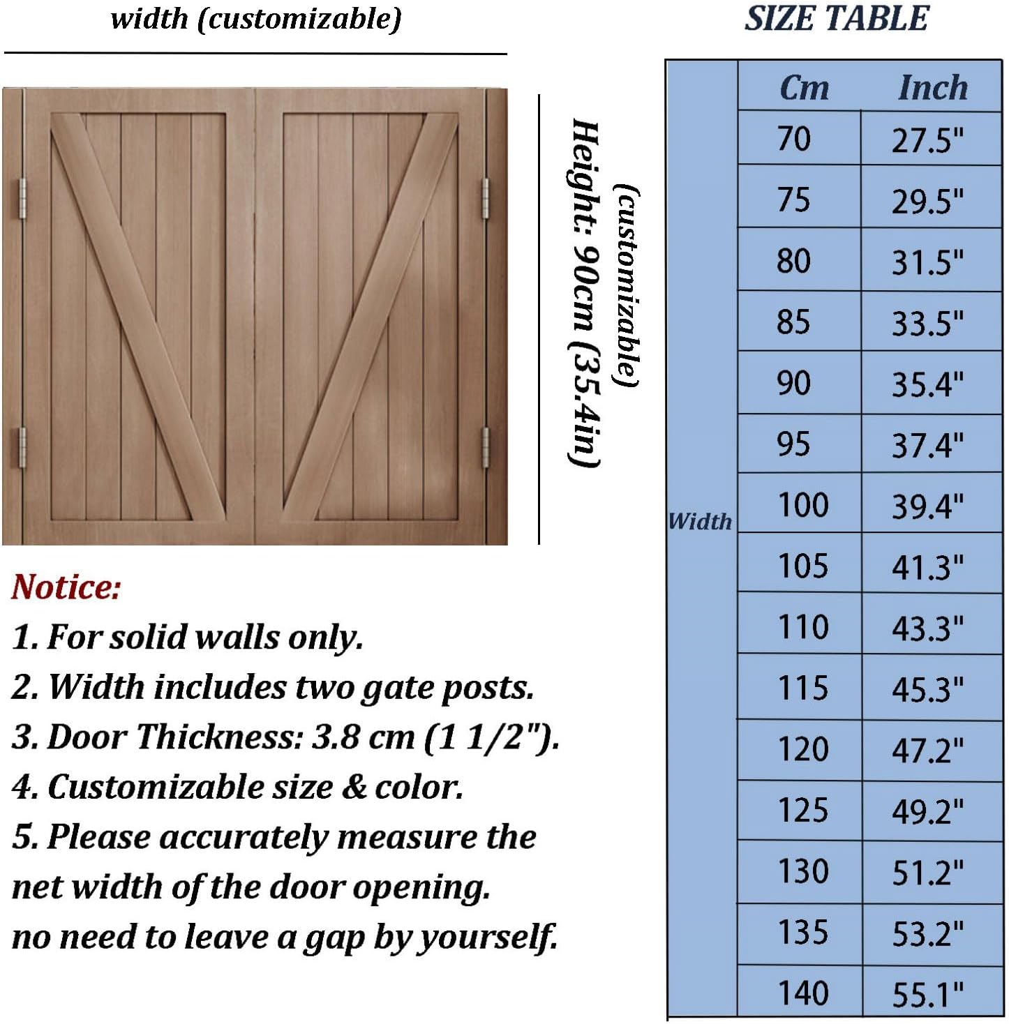 Swinging Doors Saloon Doors Half Waist Door Interior Solid Wood Swing Door with Hinges Hardware, for Hallway Kitchen Doorway Bar, Walnut Wood(Size:W90cmxH90cm/35.4" x35.4“,Color:White)