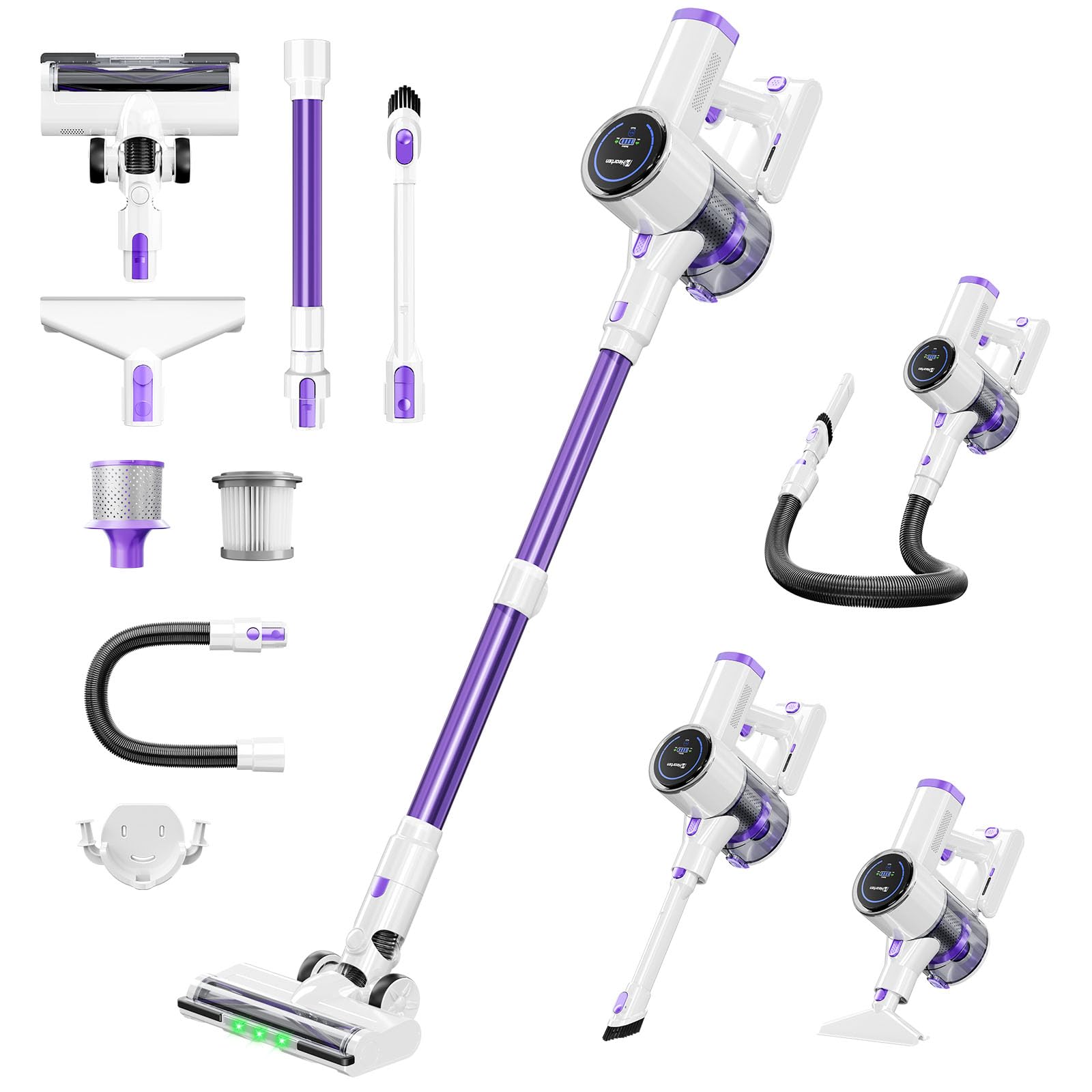 Hearten Aspirapolvere senza Fili con Tubo & Spazzola Triangolare, 40000Pa/450W/40Min, Display LED, Spazzola Antigroviglio Avanzata, Leggera, Autoportante, Silenzioso, per Peli/Pavimenti(Viola-bianco)