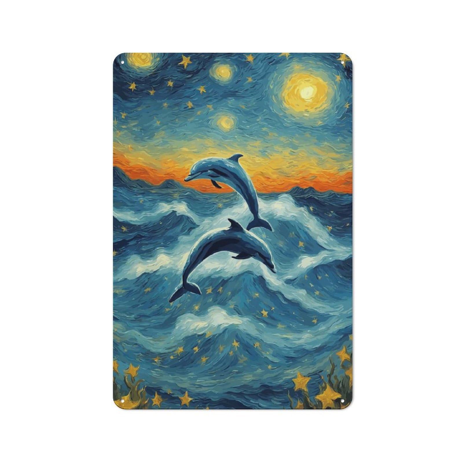 Junmoney Starry Night Dolphins 30X20cm Retro Metal Plaque With For Kitchen Or Home Bar, For Garage, Workshop And Man Cave Decoration