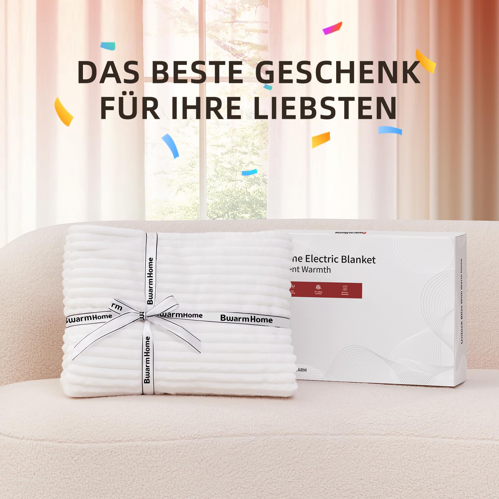 Heizdecke 130x180 cm, Heizdecke mit Abschaltautomatik, Wärmedecke mit 9 Heizstufen und 10 Stunden Timer, Überhitzungsschutz Elektrische Kuscheldecke für Bett, Büro(Weiß Gestreift)