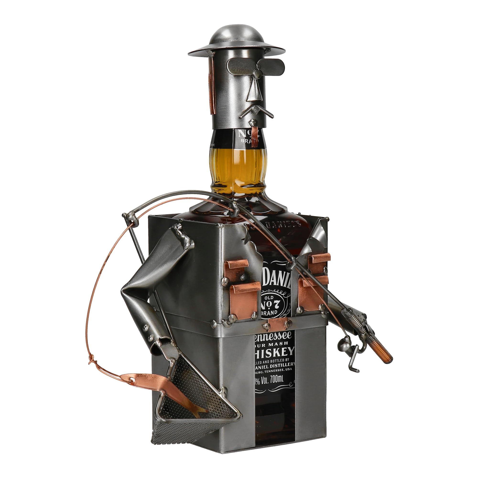Whiskey Flaschenhalter, Angler, 18x25x18 cm, Alkoholständer, Metallmännchen, Handarbeit, Handmade, Stahlfigur, Geschenkidee, Handgefertigte Dekorative Metal Figur, Geburtstagsgeschenk