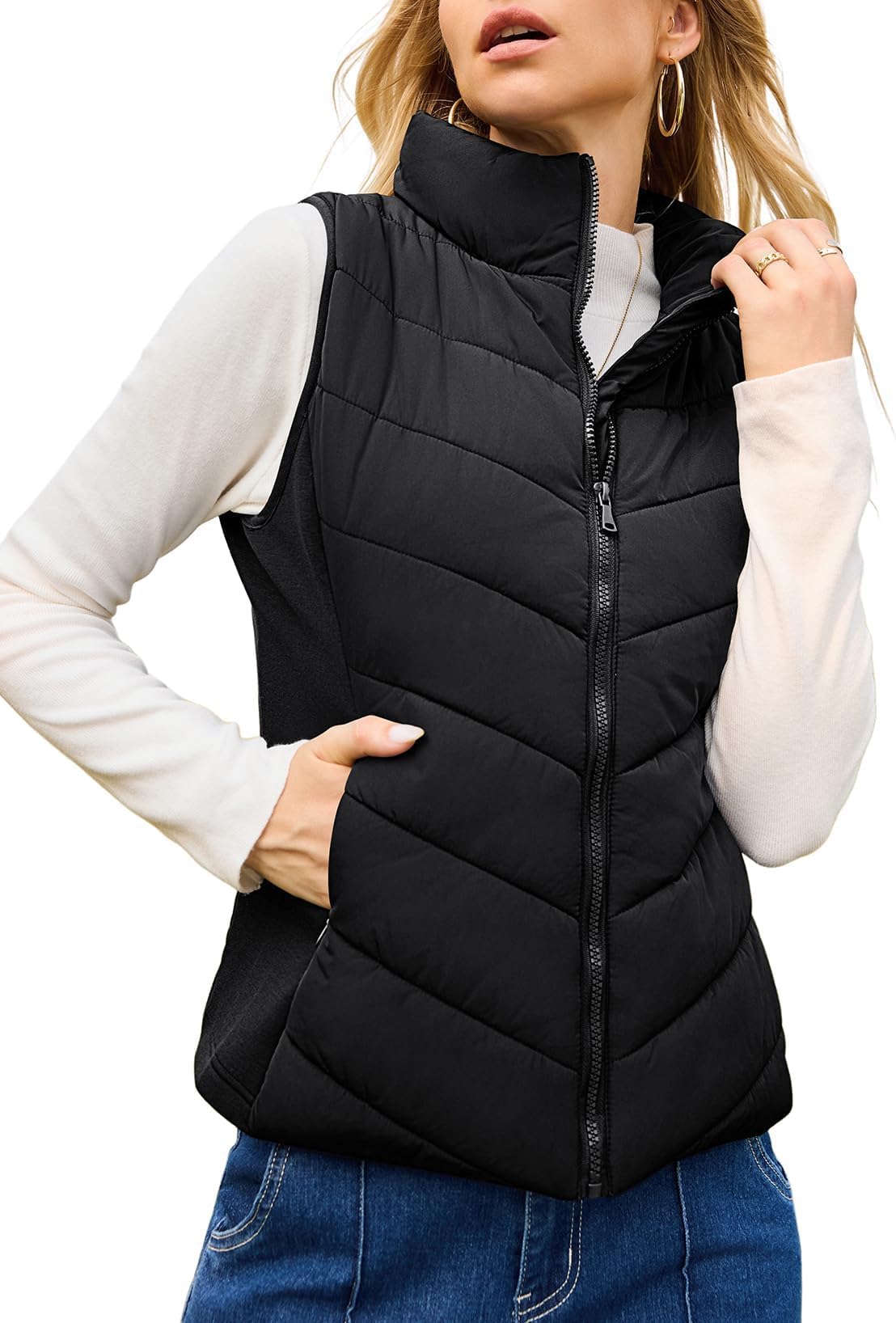 Puffer Vest Women Sleeveless Zip Up Outerwear Stand Collar Quilted Vest Warm Winter Jackets Coats with Pocket