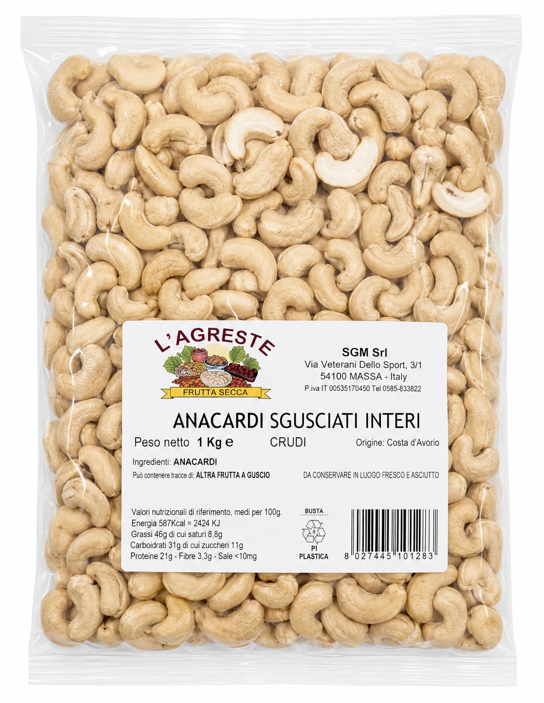 L'AGRESTE - ANACARDI NATURALI 1 KG – ANACARDI INTERI CRUDI NON SALATI DI PRIMA SCELTA – FRUTTA SECCA PREMIUM RICCA DI FIBRE – IDEALI PER SNACK, DOLCI E RICETTE GOURMET