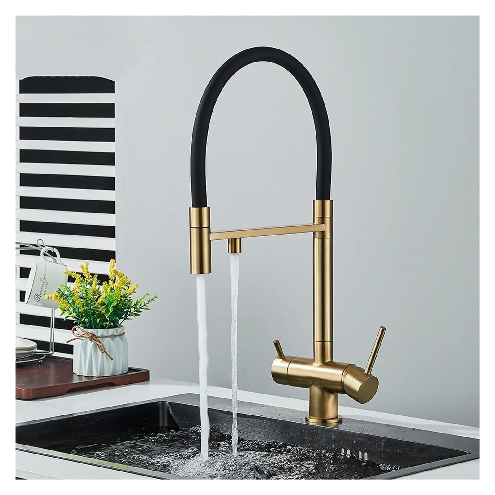 ZQFHSX Ornaments Brushed Gold Kitchen Faucet Purifier Faucets Drinking Water Tap Dual Spout Filtered Crane Hot Cold Mixer Deck Mounte LWX