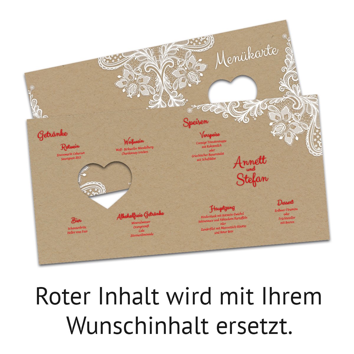 Lasergeschnittene Hochzeit Menükarten (30 Stück) Speisekarte Getränkekarte - Rustikal Kraftpapier
