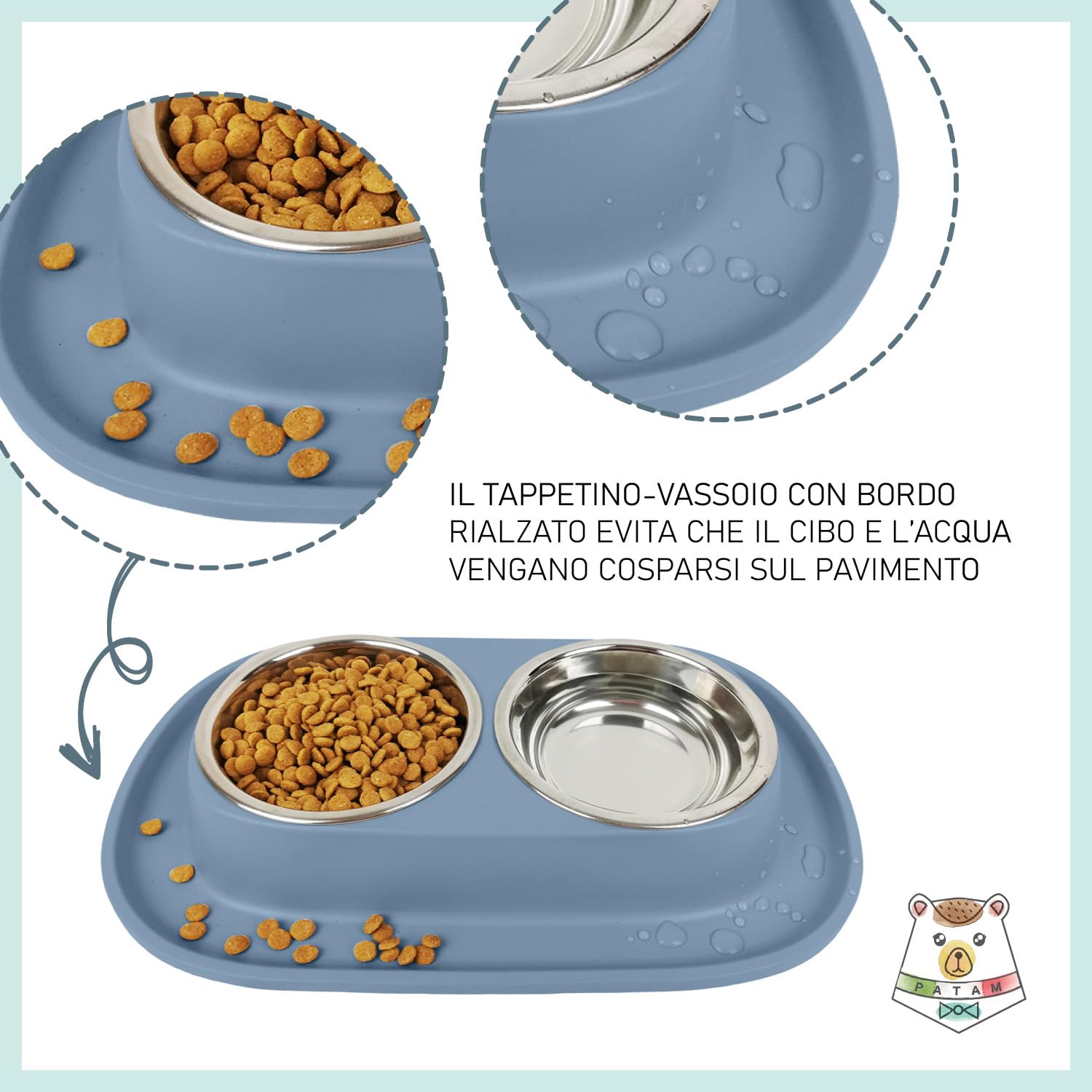 PATAM ciotola doppia per gatti in acciaio inossidabile con tappetino morbido antiscivolo, antiribaltamento Made in Italy - Jerry Blu