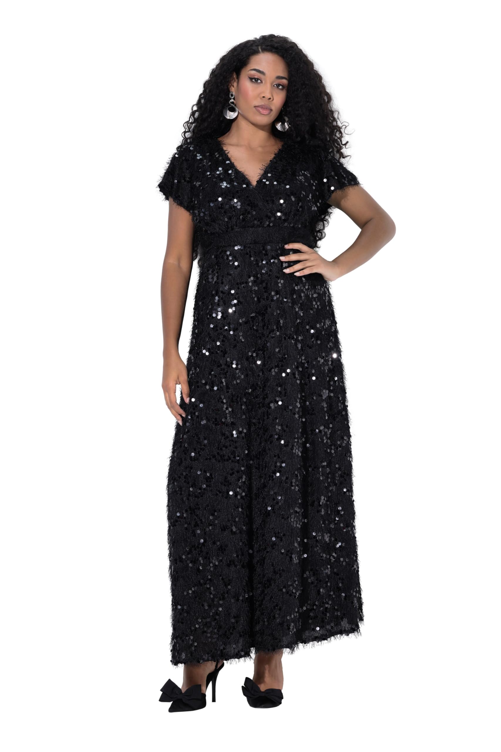 Ulla Popken Damen große Größen Übergrößen Plus Size Abendkleid, Pailletten, Fransen, V-Ausschnitt, Halbarm 832984