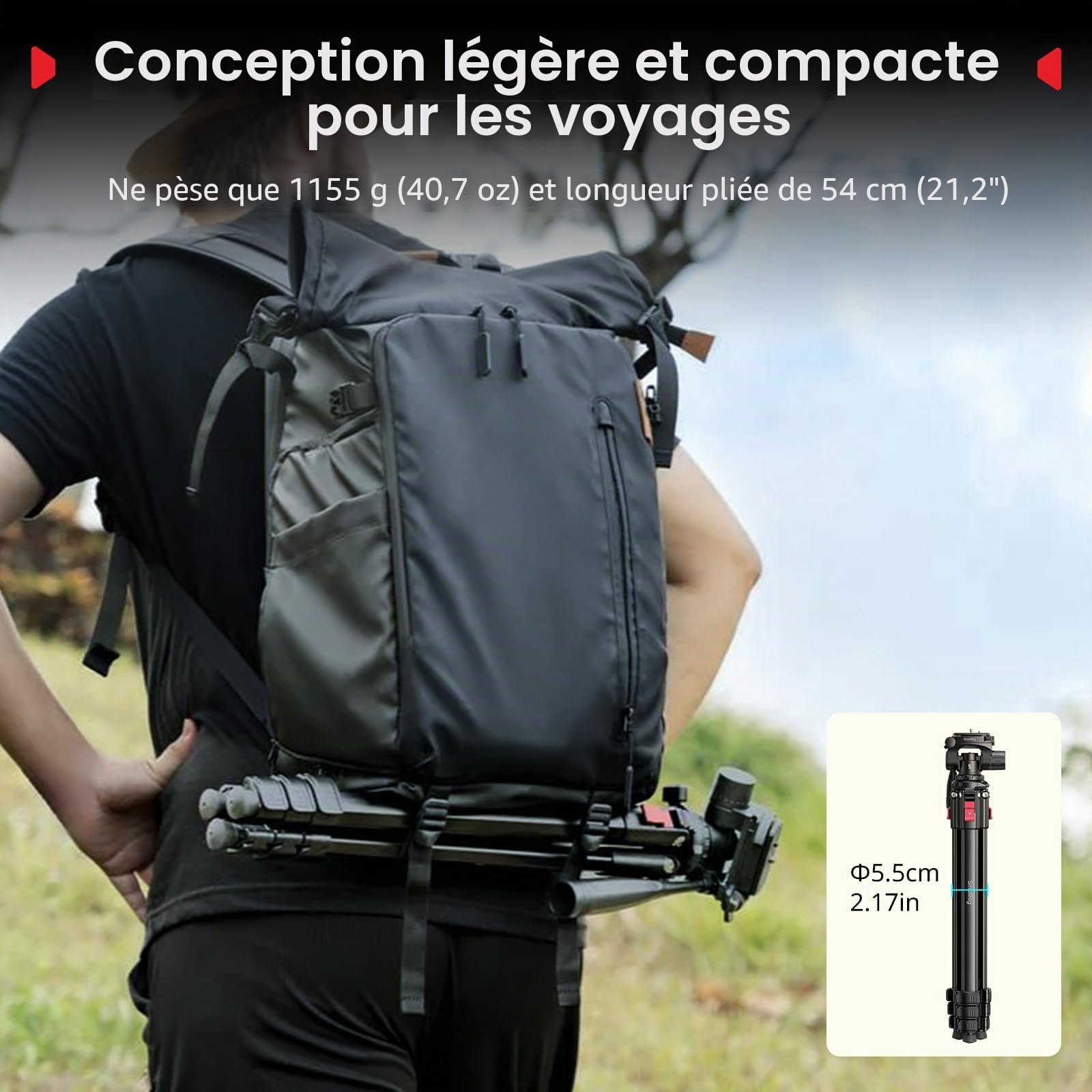 SMALLRIG 172 cm Trépied de Voyage en Aluminium avec Clip pour Caméra et Téléphone, Trépieds Portables avec Pieds à Verrouillage Rapide, pour Diffusion en Direct et Vlogging, Charge Max 5 kg - 5474