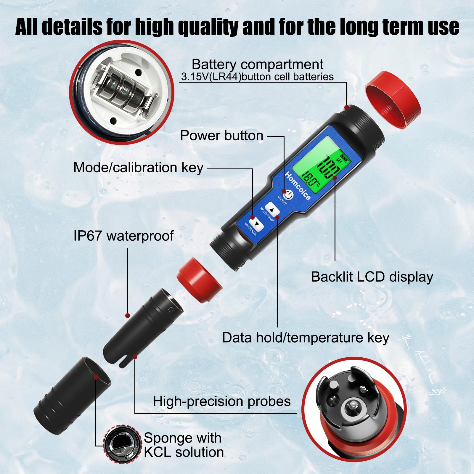 Medidor pH Chloro Piscina 7 en 1, Tester PH Cloro Salinidad ORP TDS EC Temperatura, Test Calidad Agua de alta precisión con función ATC para piscinas, agua potable, acuario, hidroponía