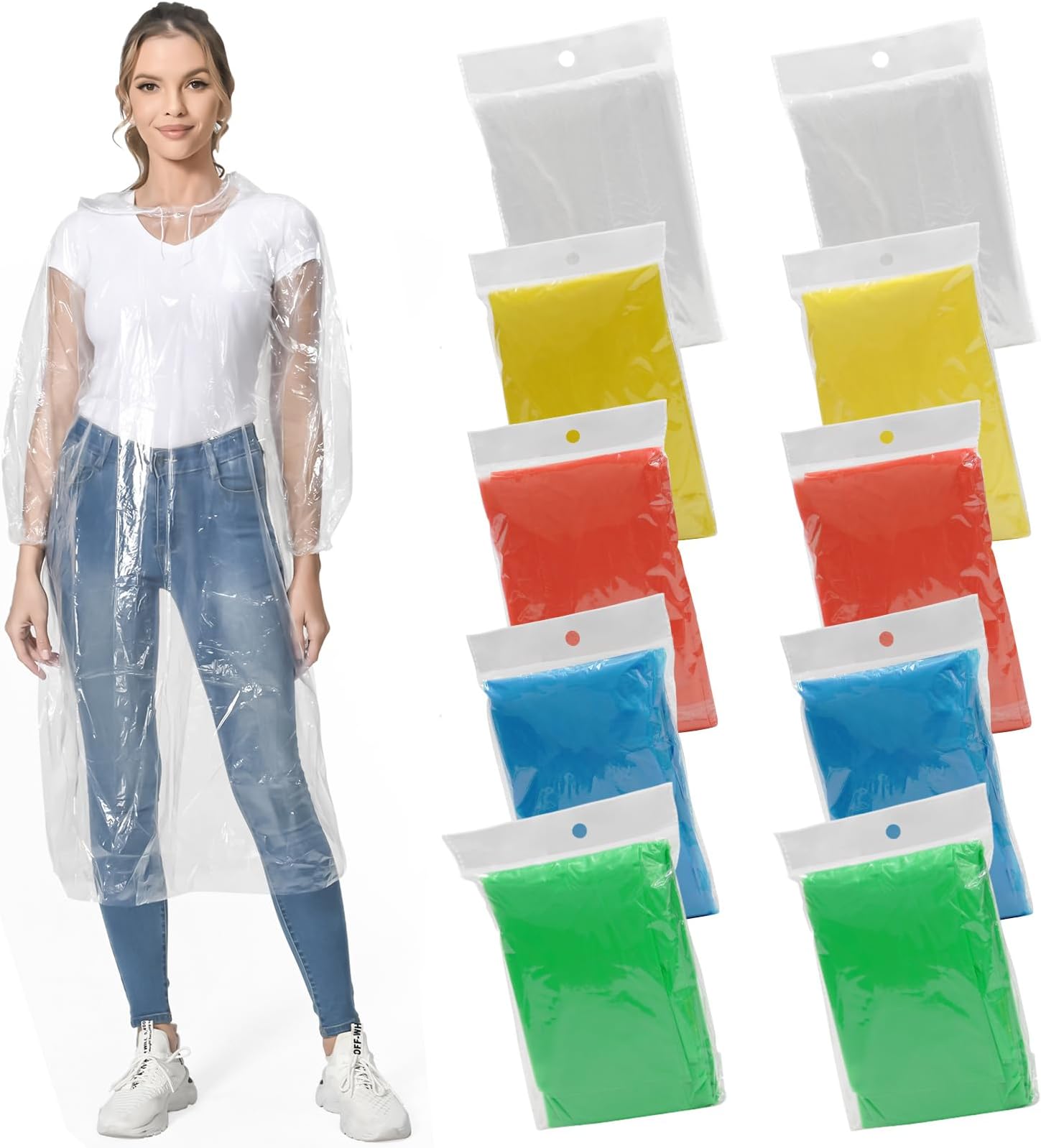 Rain Poncho for Adults, 10 Pack Waterproof Poncho, Disposable Light Weight Rain Poncho with Drawstring Hood for Women & Men, Transparent Emergency Raincoat for Camping, Hiking, Theme Parks, Climbing