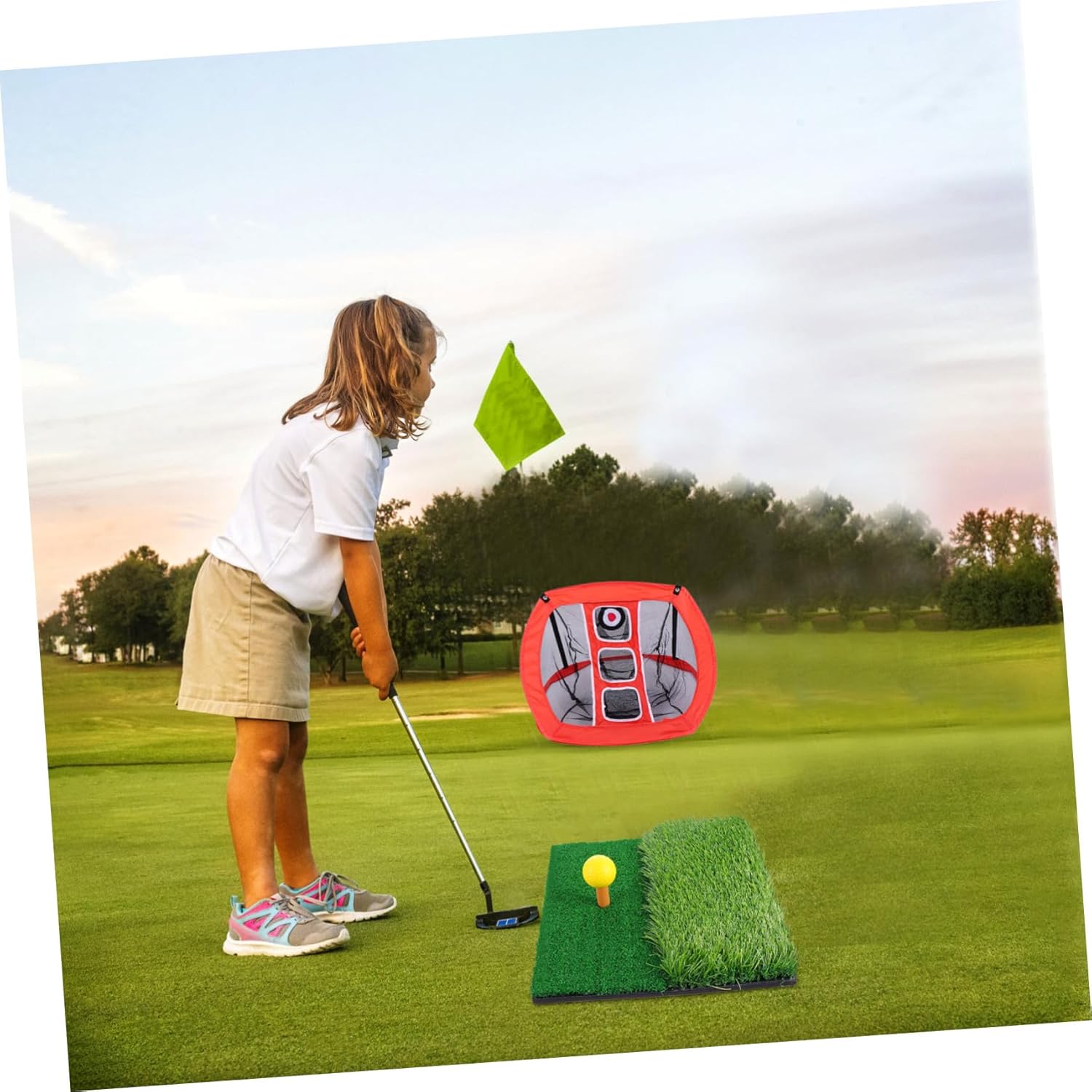 POPETPOP Portable Golf Practice Net Set Mini Hitting Mat Adjustable Training Aids for Backyard Golfing