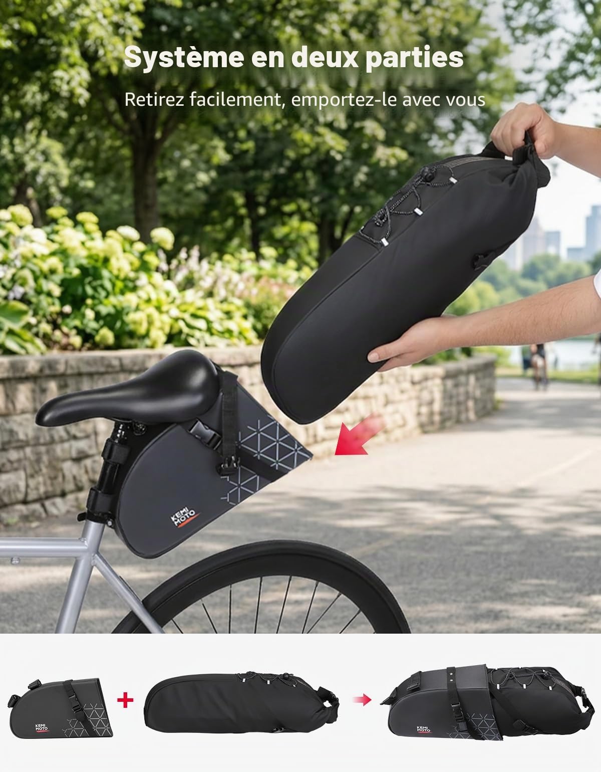 KEMIMOTO Sacoche de Selle Vélo Etanche, 13L Sac de Selle Velo Amovible avec Réfléchissant, Sacoche de Arrière pour Vélo Route de VTT BMX MTB