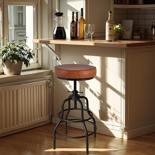 Miniatura 2 de LOKKHAN Taburetes de bar industriales - Taburete de bar giratorio de cuero y metal - De 20 a 27 pulgadas de alto, altura ajustable para encimera,