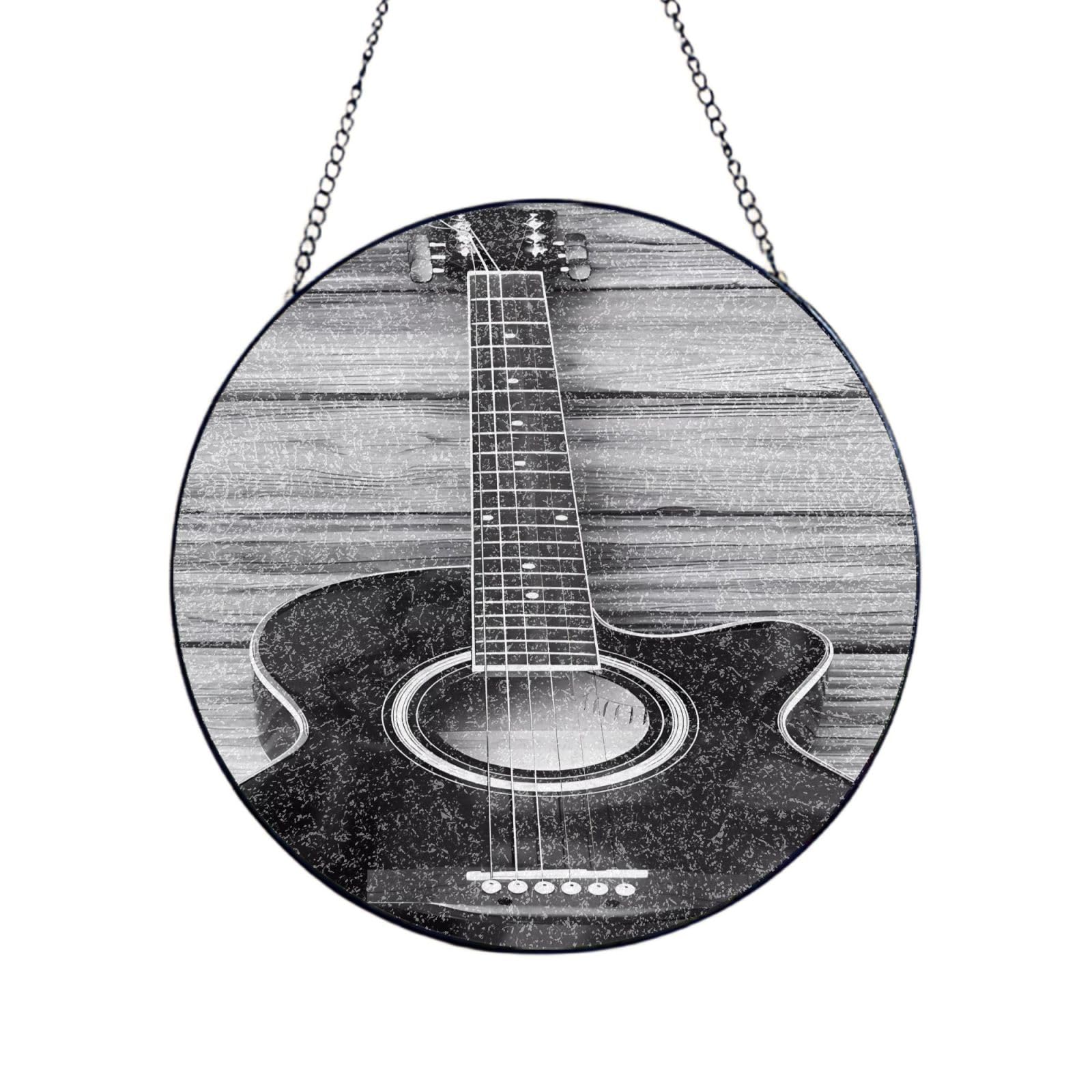 Phayah Vintage Guitar Print Glass Window Hanging Sun Catchers Suncatcher Decor For Birthday For Home Garden Porch 12in（30cm）