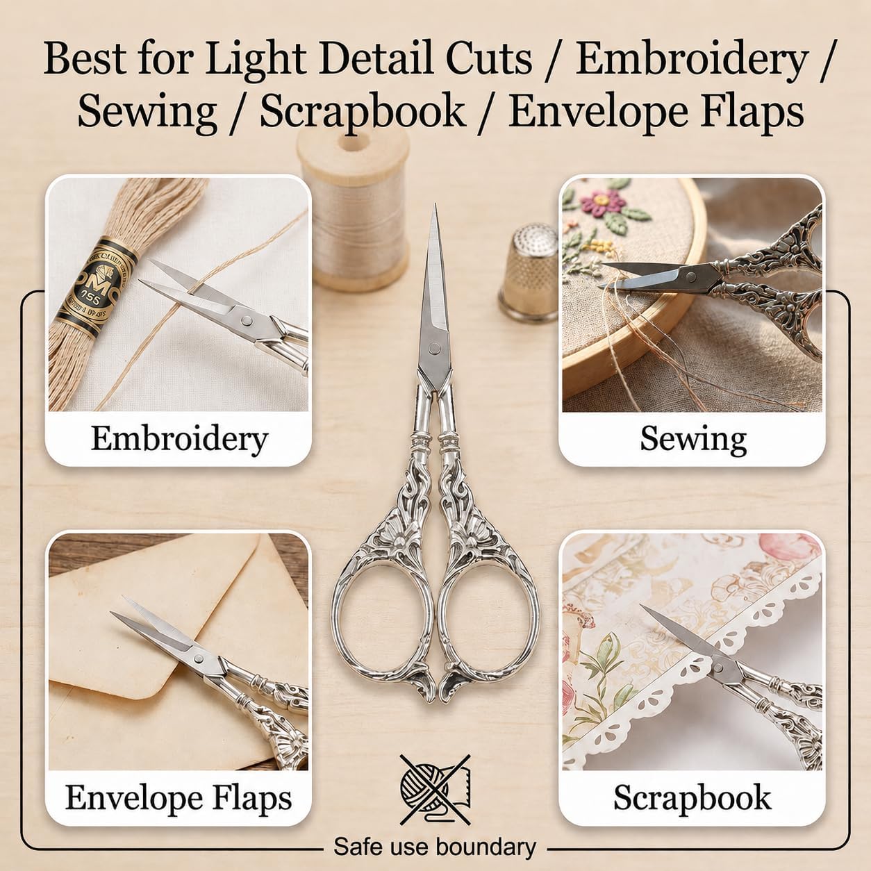 BIHRTC Vintage European Style Scissors Stainless Steel for Cross Stitch Cutting Embroidery Sewing Handcraft Craft Art Work DIY Tool(Silver)