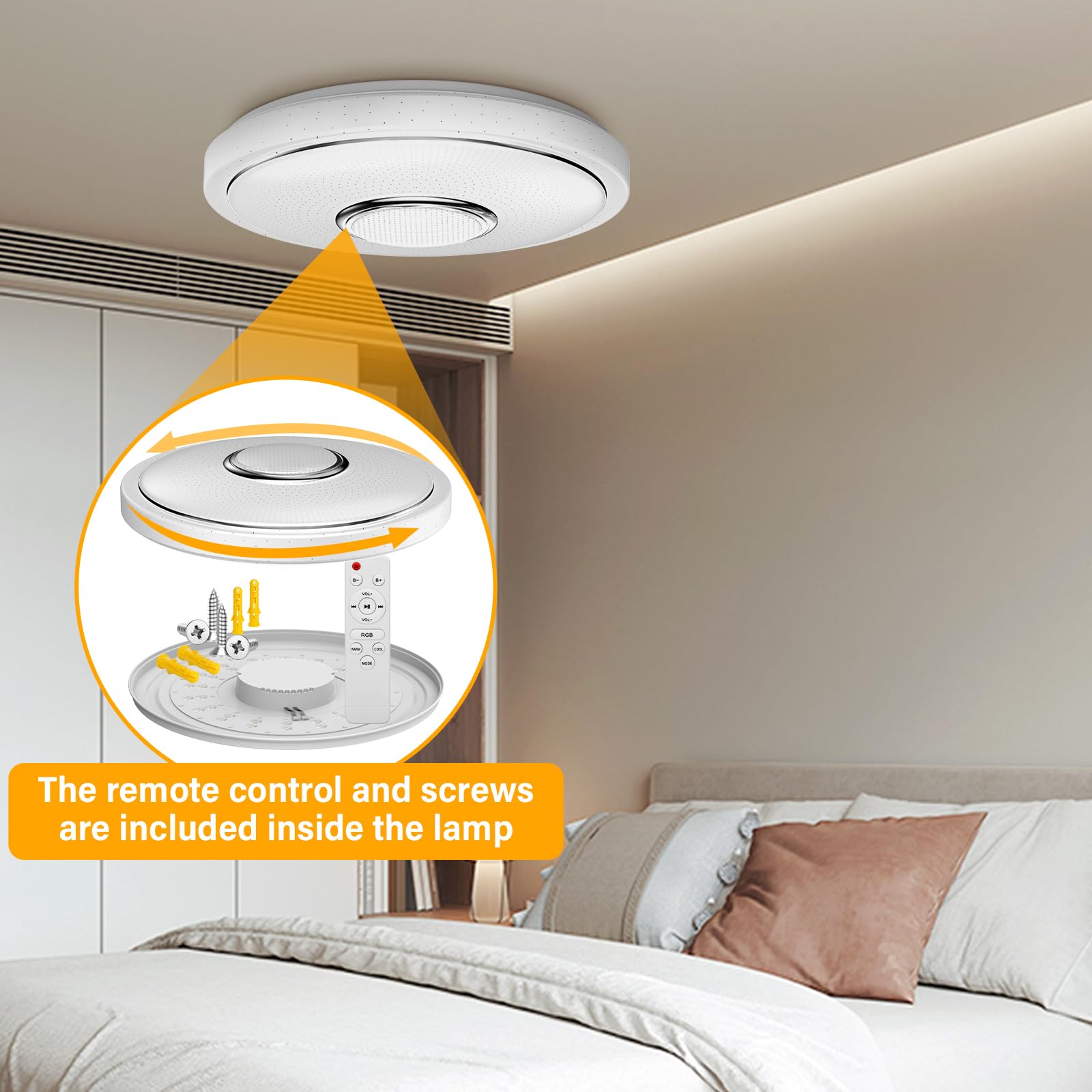48W Plafoniera LED Soffitto Dimmerabile Ø30CM Lampada da Soffitto RGB con Altoparlante Bluetooth Plafoniera LED RGB con Telecomando e Controllo APP per Bagno Soggiorno Camera da Letto