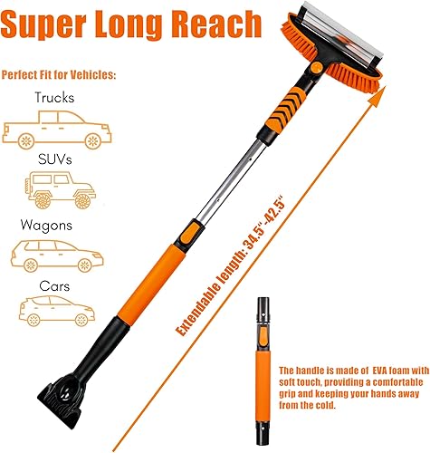 Miniatura 5 de Raspadores de hielo de 42.5 pulgadas para parabrisas de automóvil, cepillo de nieve resistente 6 en 1 con escobilla de goma, placa de empuje de