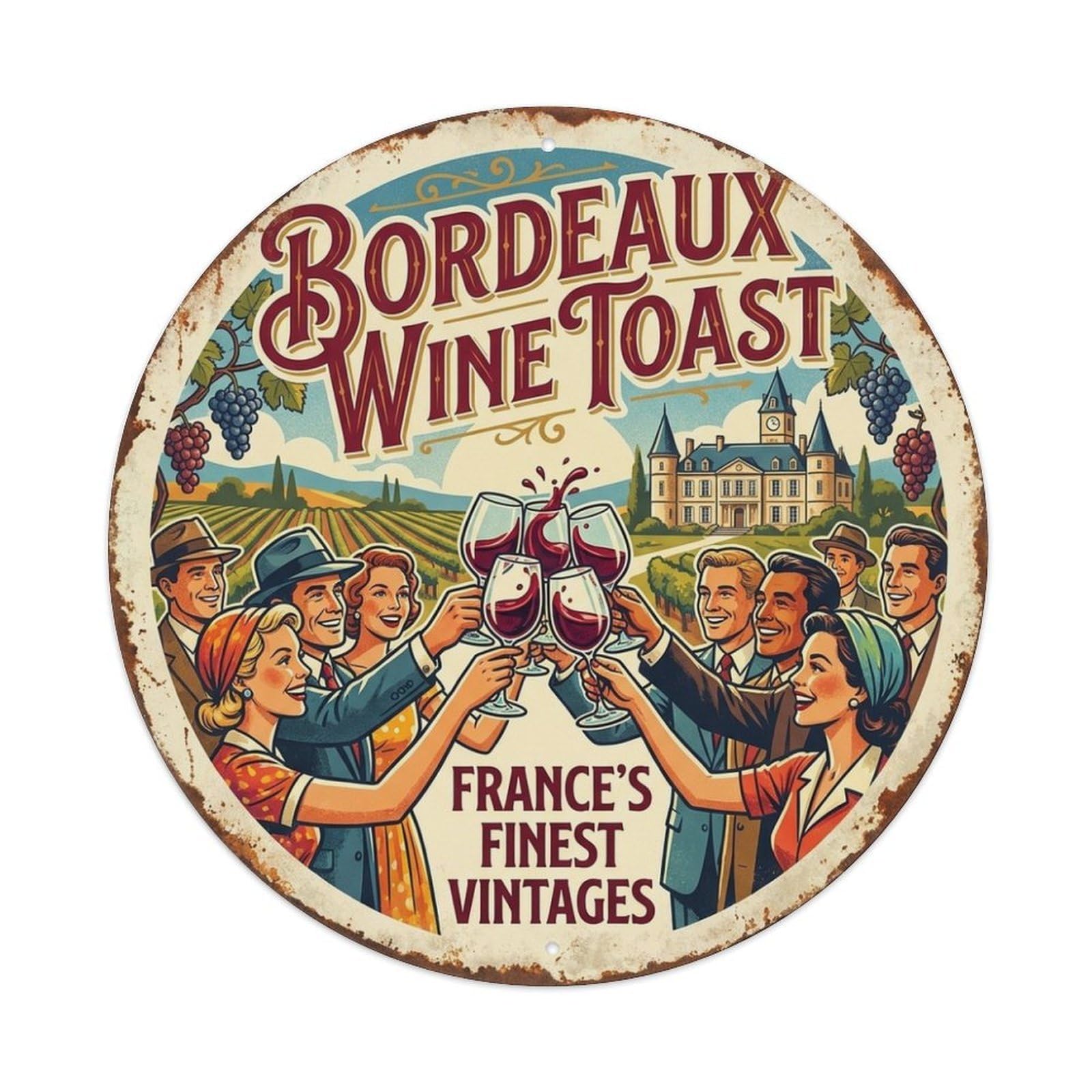 Classic Grape Harvest Wine Toast Bordeaux City Metal Tin Sign