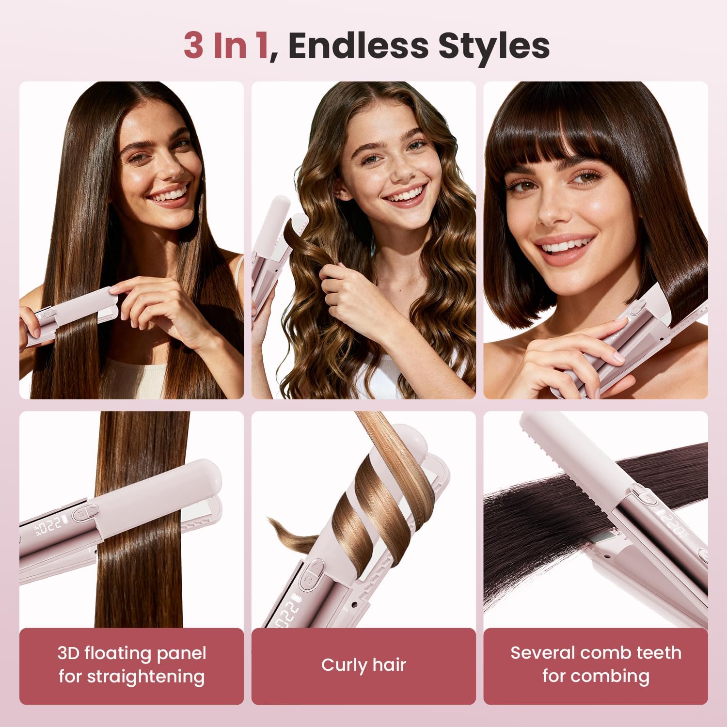 CHIKYO Cordless 2 in 1 Hair Straightener Portable On-The-Go Curling Iron, Portable Power Bank, 7 Temps, LED Display, Rechargeable Mini Flat Iron for Travel, 5000mAh Battery, Pink