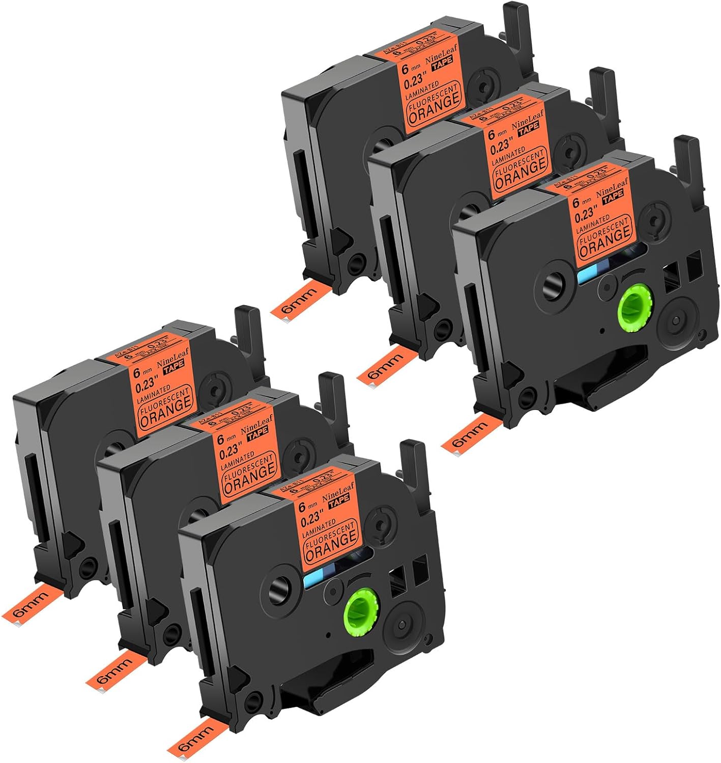 NineLeaf 6 Pack Compatible for Brother TZe-B11 TZeB11 TZ-B11 TZB11 Label Tape 6mm 1/4'' 0.23'' Black on Fluo Orange Laminated Labeling Work with P-Touch PT-D210 PT-P700 PT-H100 PT-1290 Label Maker