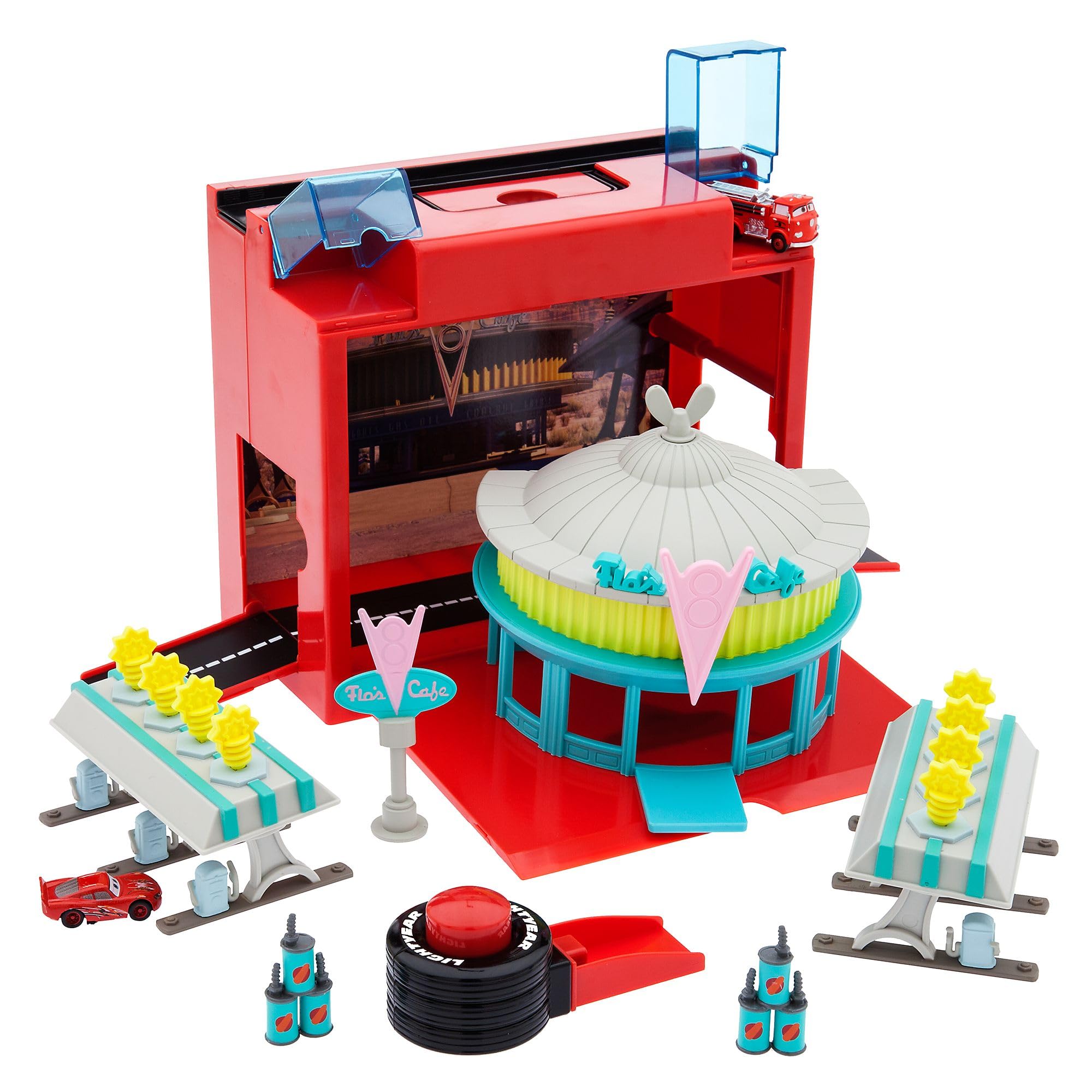 Disney Store Official, Pixar Cars, Set Juego portátil, 13 Piezas, café V8 de FLO, Set con 2 Coches, Rayo Mcqueen y Red, maletín de Caja de Herramientas, Pegatinas y más, Mayores de 3 años