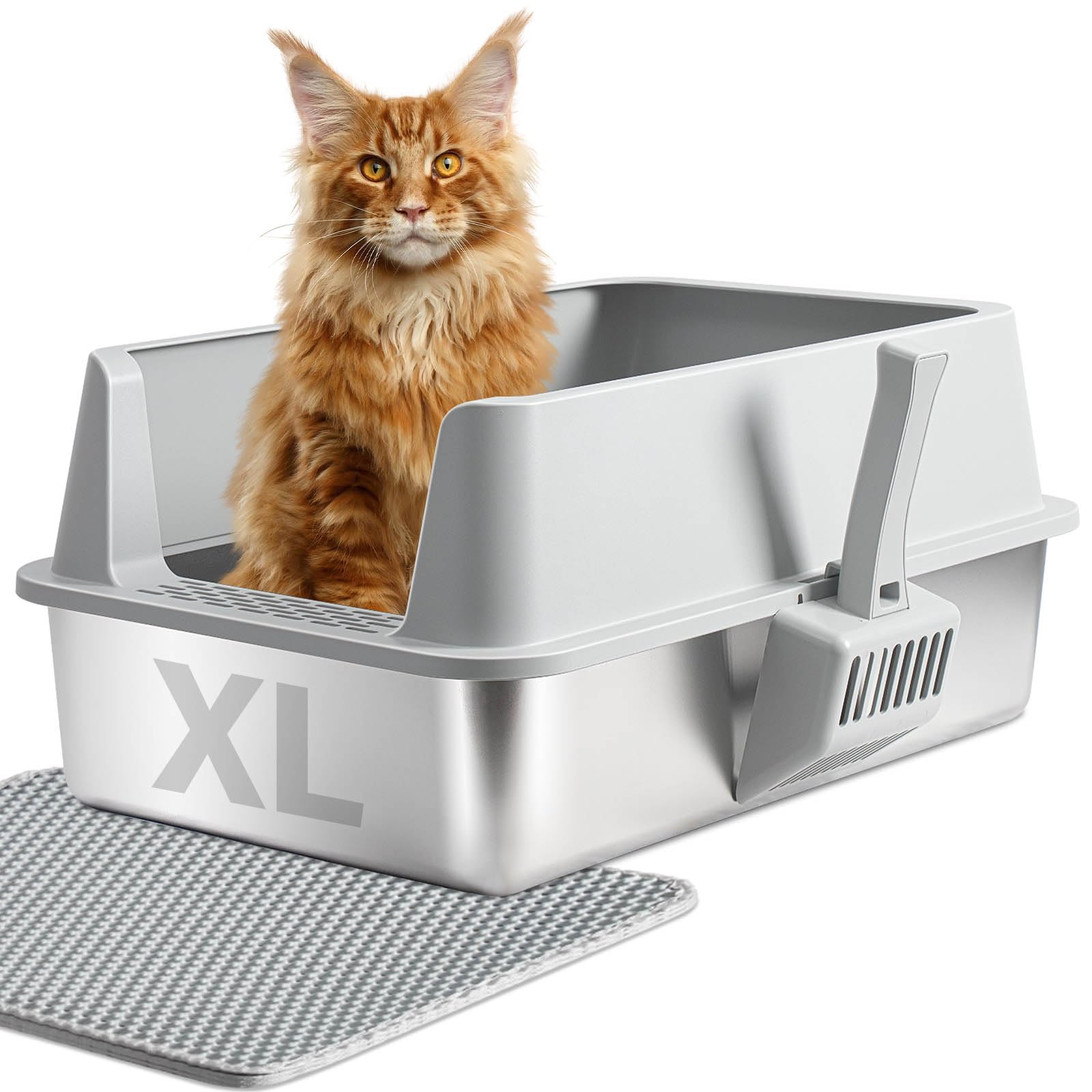 XL Stainless Steel Cat Litter Box with Lid,Metal Litter Box 10" High Sides for Big/Multiple Cats,Open Design,Indoor,1-Mat and 1-Scoop,Easy to Clean, No Odor,Anti-Urine Leakage