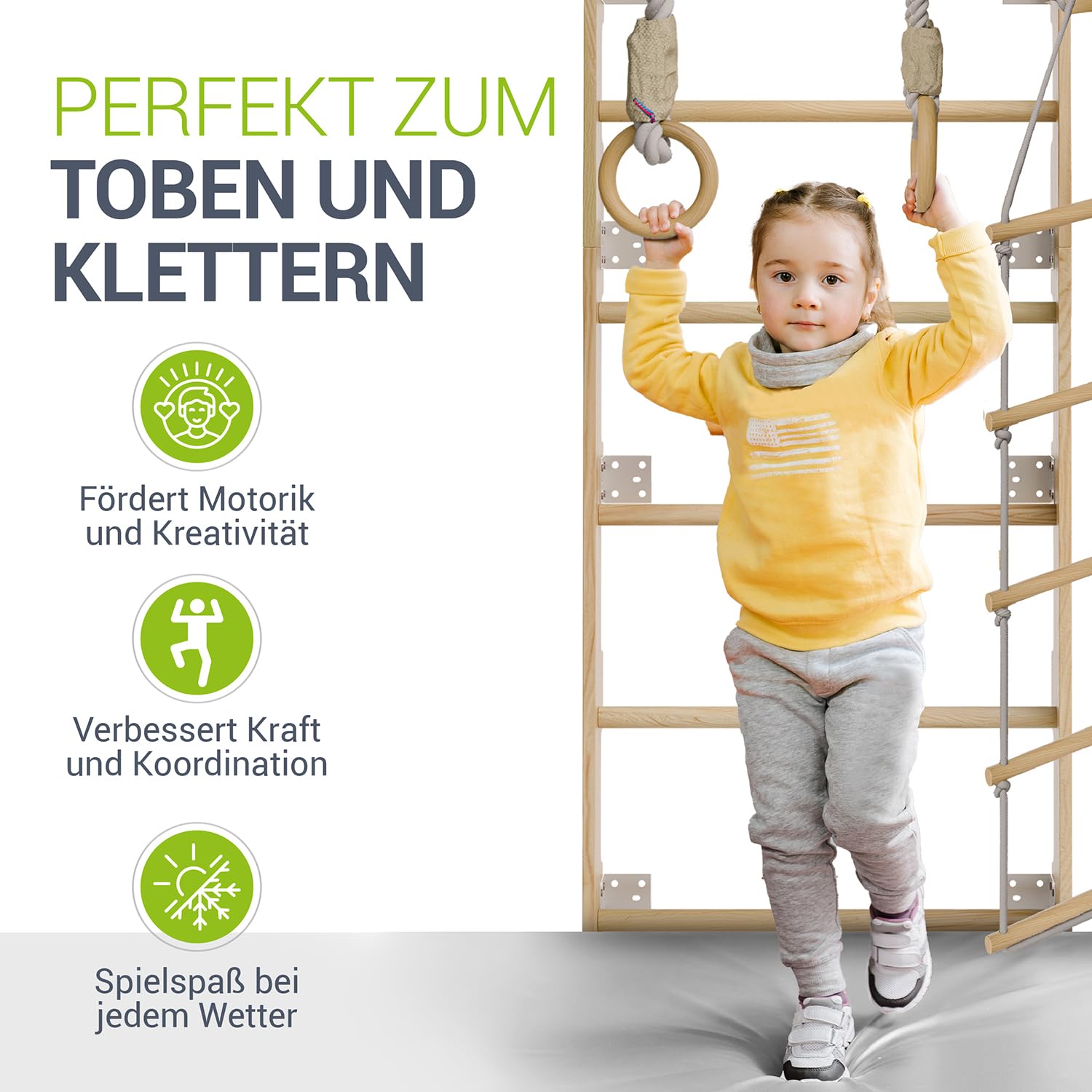 Juskys® Sprossenwand für Kinder - mit Klimmzugstange, Indoor Klettergerüst mit Turnringen und Strickleiter, Kletterwand fürs Kinderzimmer, Turnstange