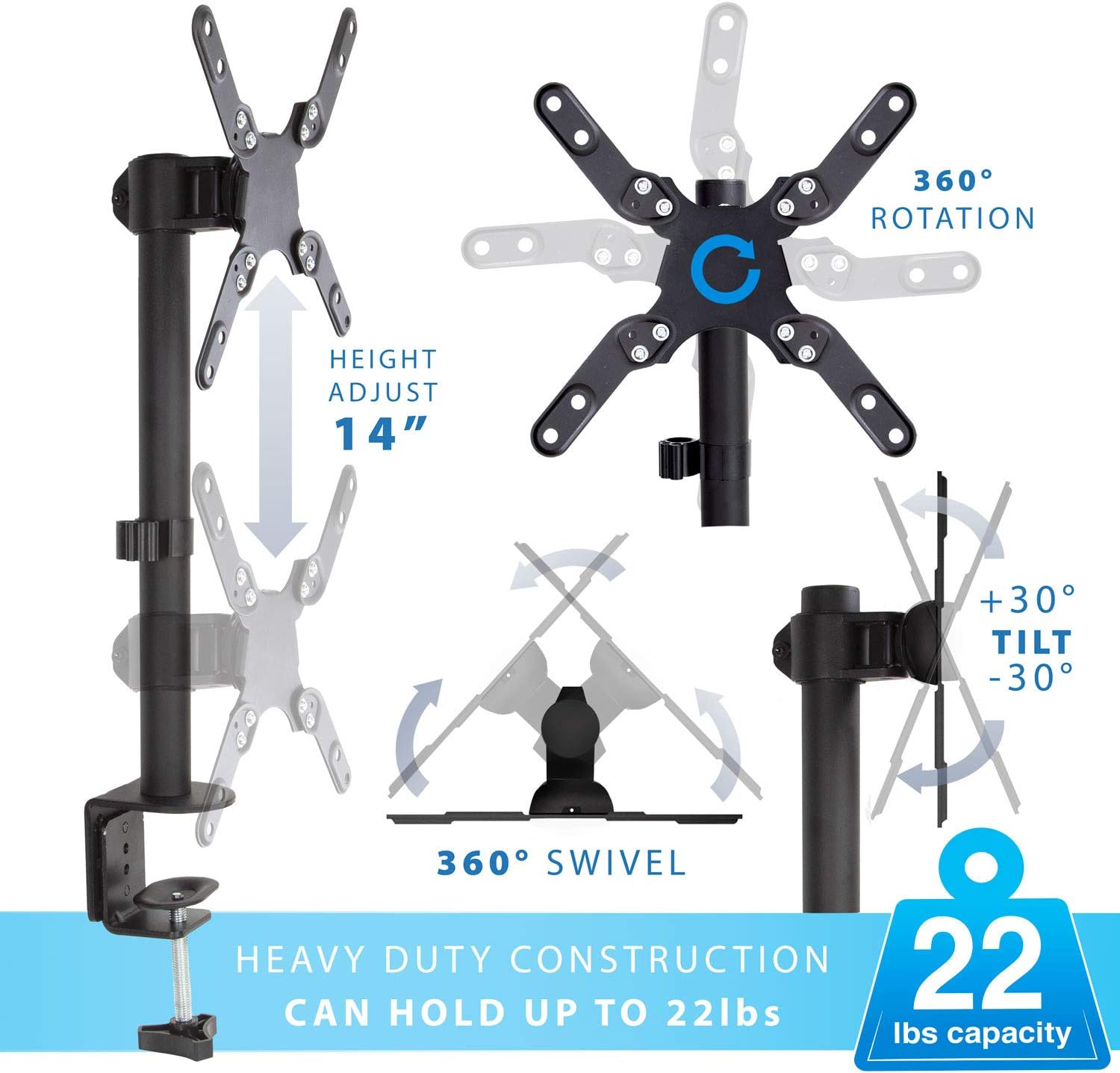 Black Heavy-Duty Adjustable Desk Mount for Monitors and TVs up to 42"