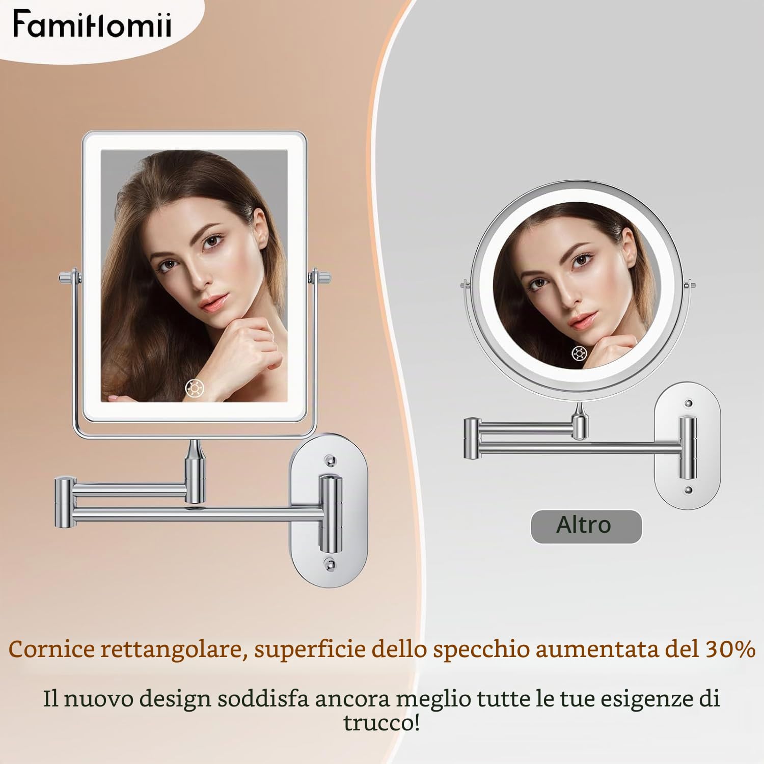 Famihomii Specchio cosmetico ricaricabile con illuminazione a LED, 4500mAh specchio da trucco con ingrandimento 1/30X e interruttore touch a batteria, specchio da barba regolabile a 360°
