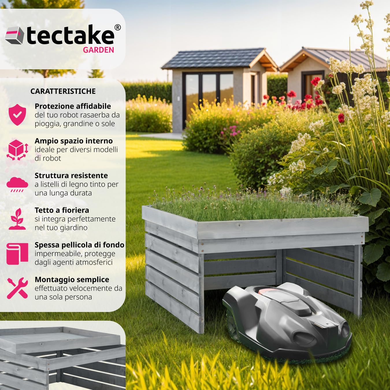 tectake® Riparo per Robot Tagliaerba, Garage Robot Tagliaerba Resistente alle Intemperie, Spazioso Garage in Legno di Pino, Tetto Piantabile, Copertura Robot con Telone, 78 x 84 x 86 cm - Grigio
